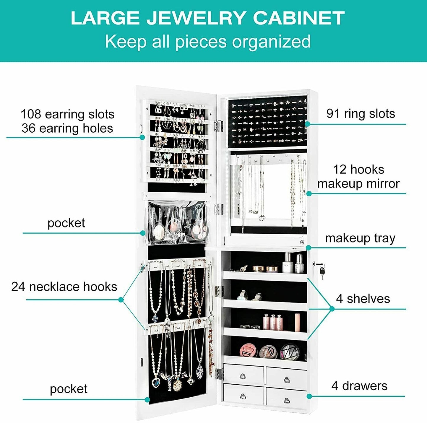 4 Drawer Multipurpose Storage Cabinet with Adjustable Shelves – White