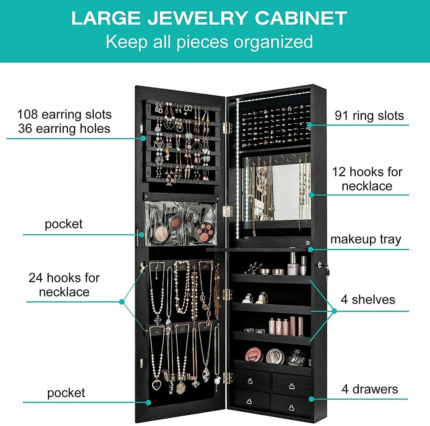 4 Drawer Multipurpose Storage Cabinet with Adjustable Shelves – Black