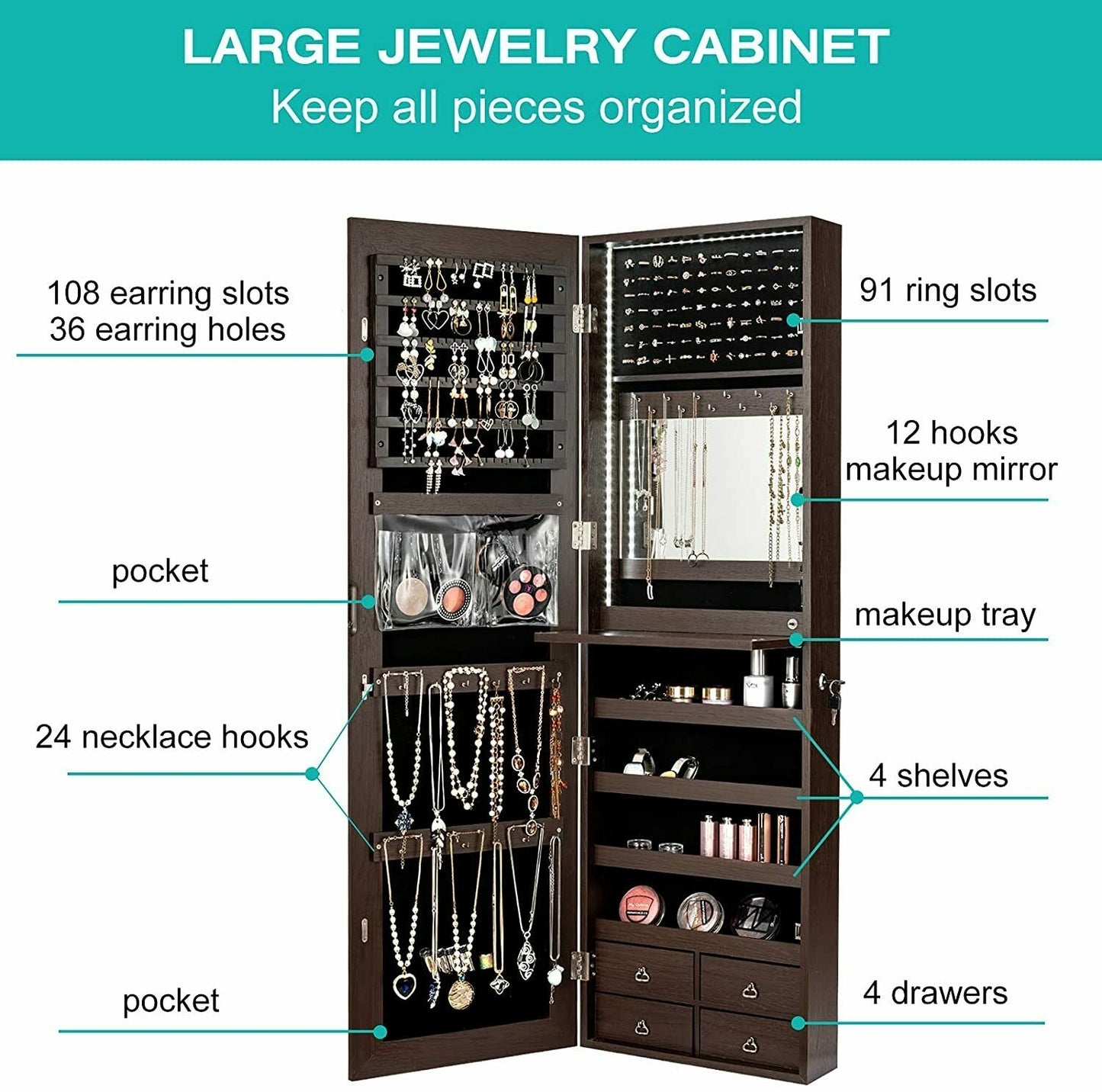 4 Drawer Multipurpose Storage Cabinet with Adjustable Shelves – Brown
