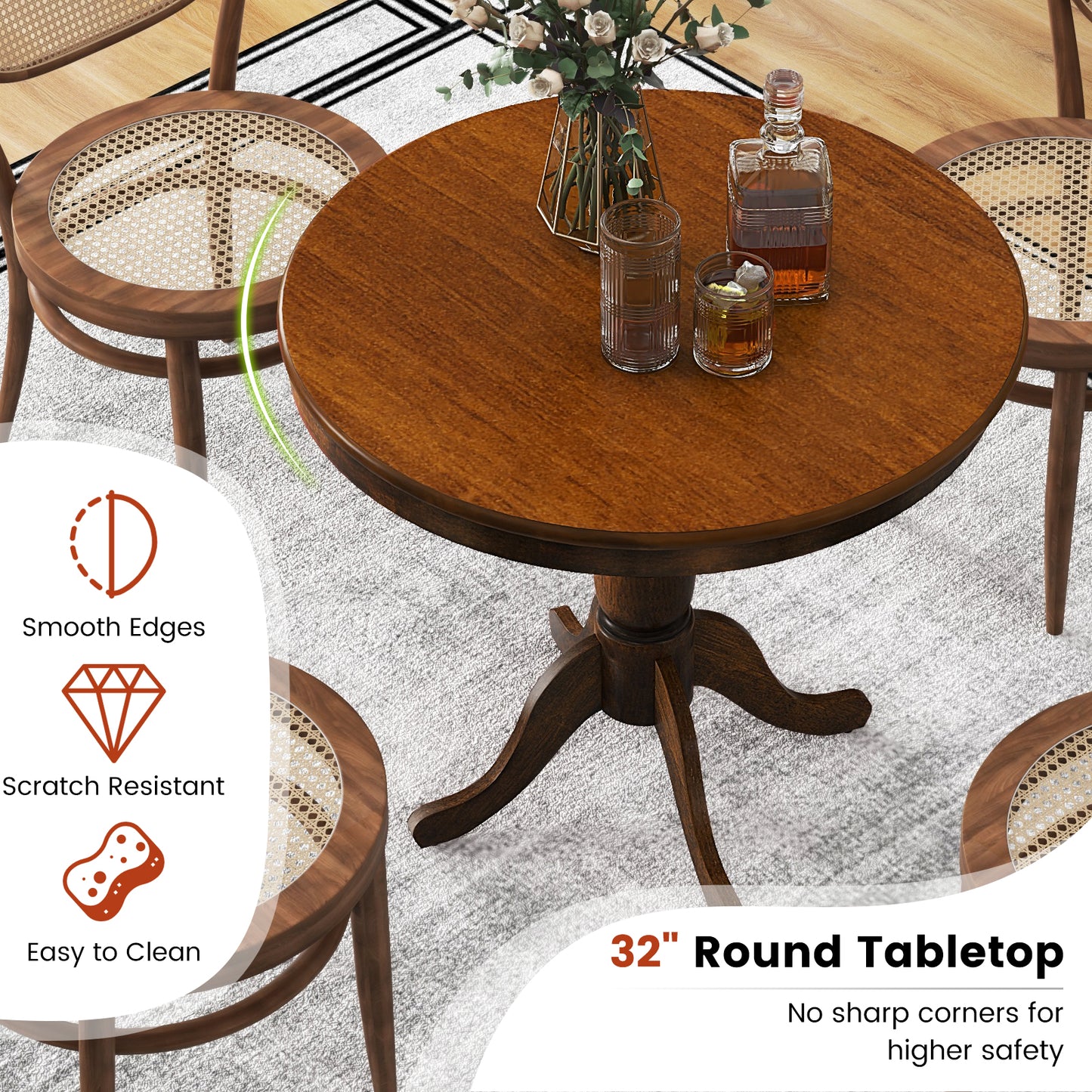 32 Inch Round Wood Pedestal Dining Table for Kitchen or Small Spaces