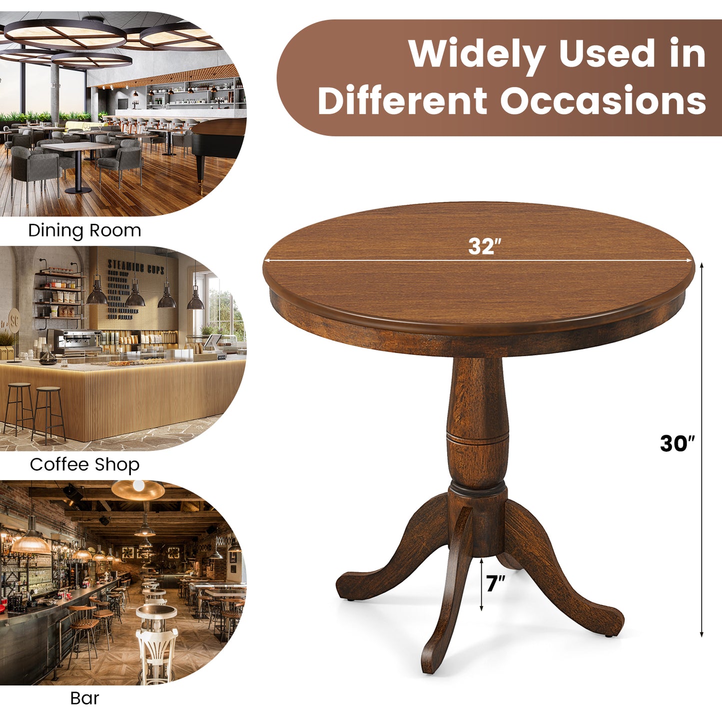 32 Inch Round Wood Pedestal Dining Table for Kitchen or Small Spaces