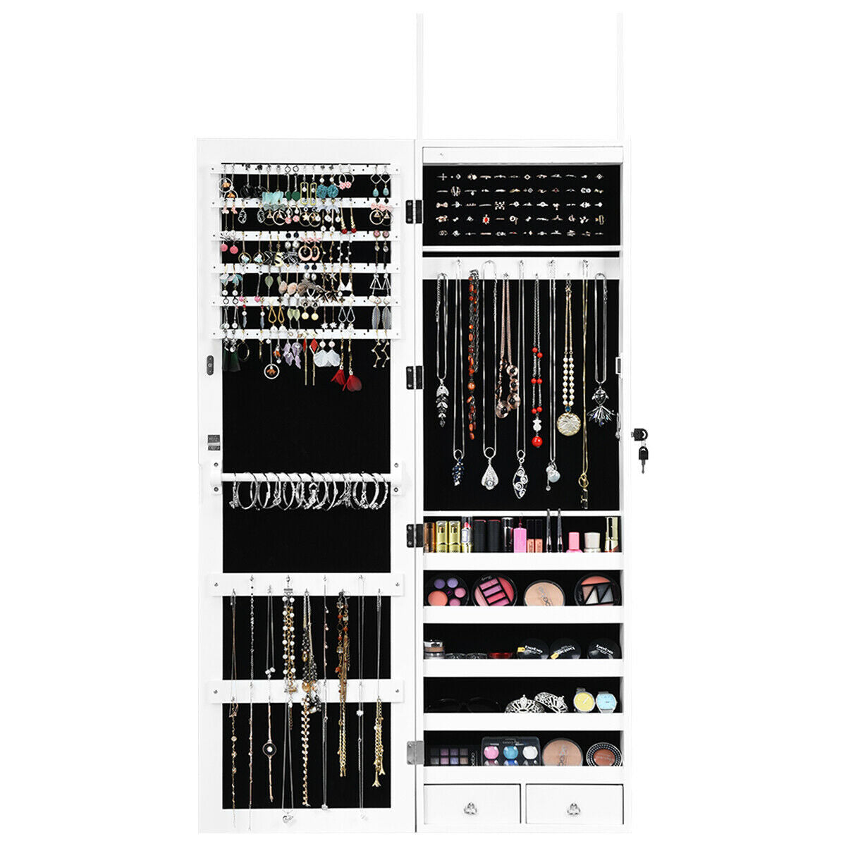 Jewelry Cabinet Armoire with LED Lights, Lock, and Mirror Storage