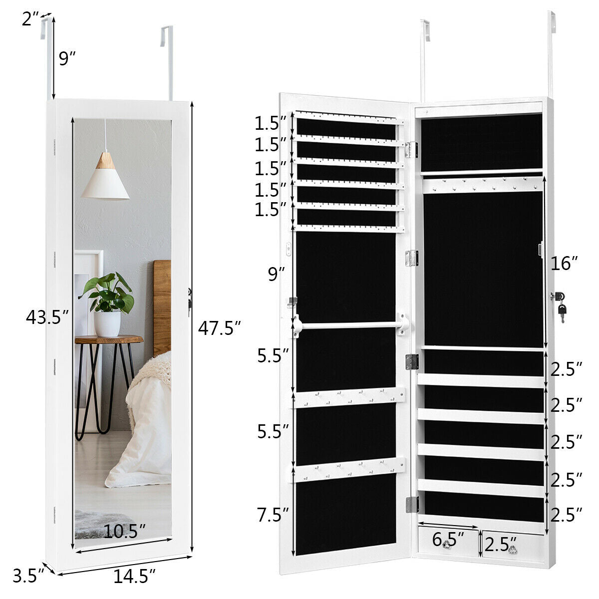 Jewelry Cabinet Armoire with LED Lights, Lock, and Mirror Storage