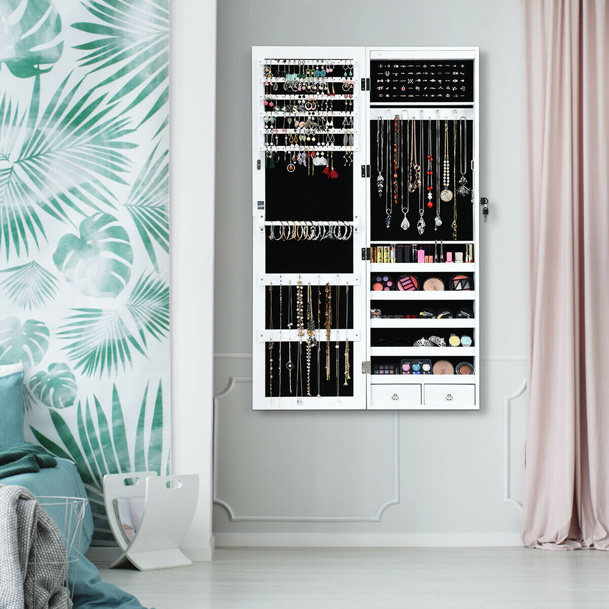 Jewelry Cabinet Armoire with LED Lights, Lock, and Mirror Storage