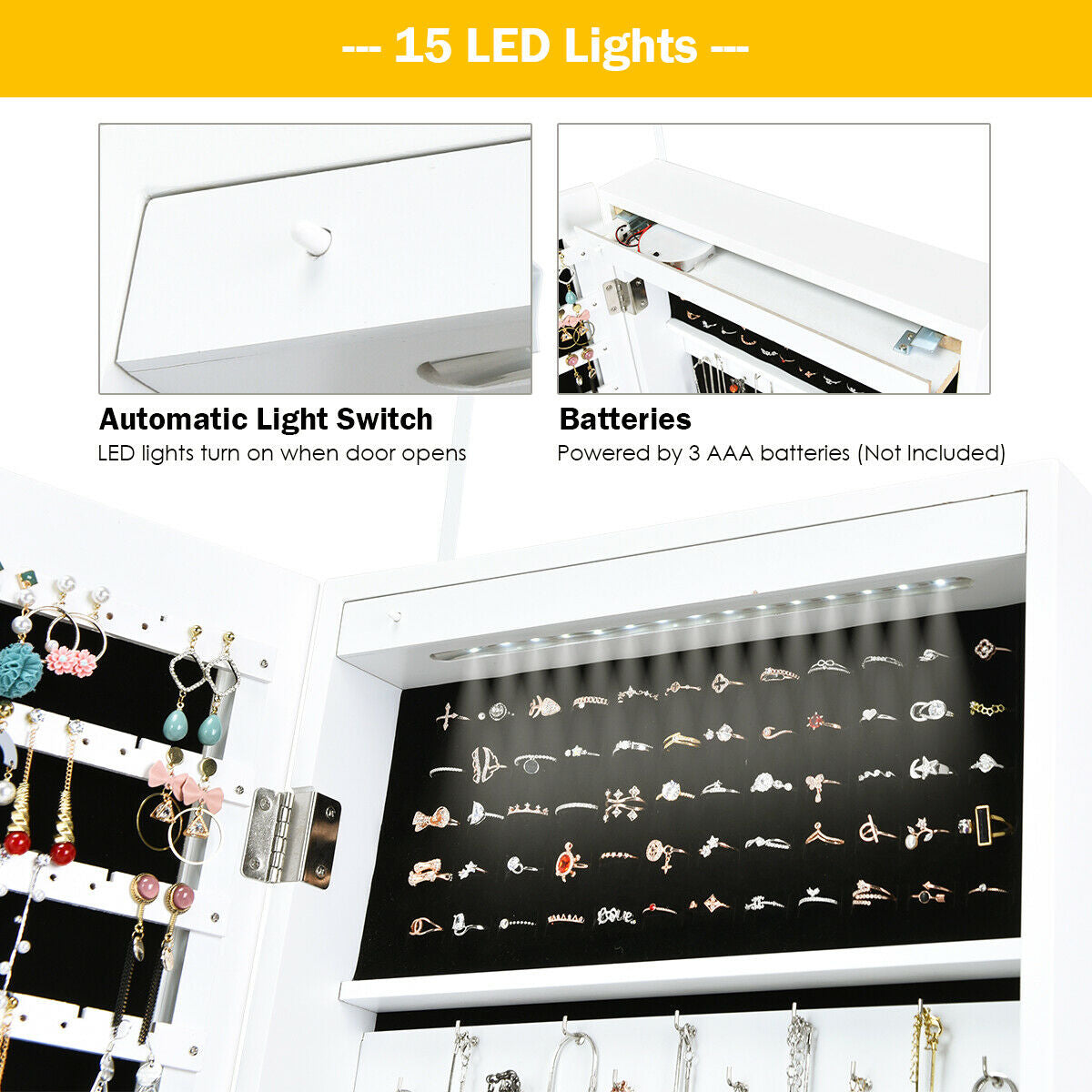 Jewelry Cabinet Armoire with LED Lights, Lock, and Mirror Storage