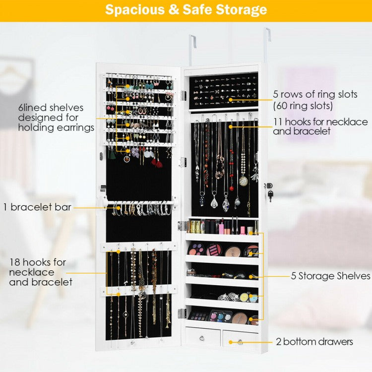 Jewelry Cabinet Armoire with LED Lights, Lock, and Mirror Storage
