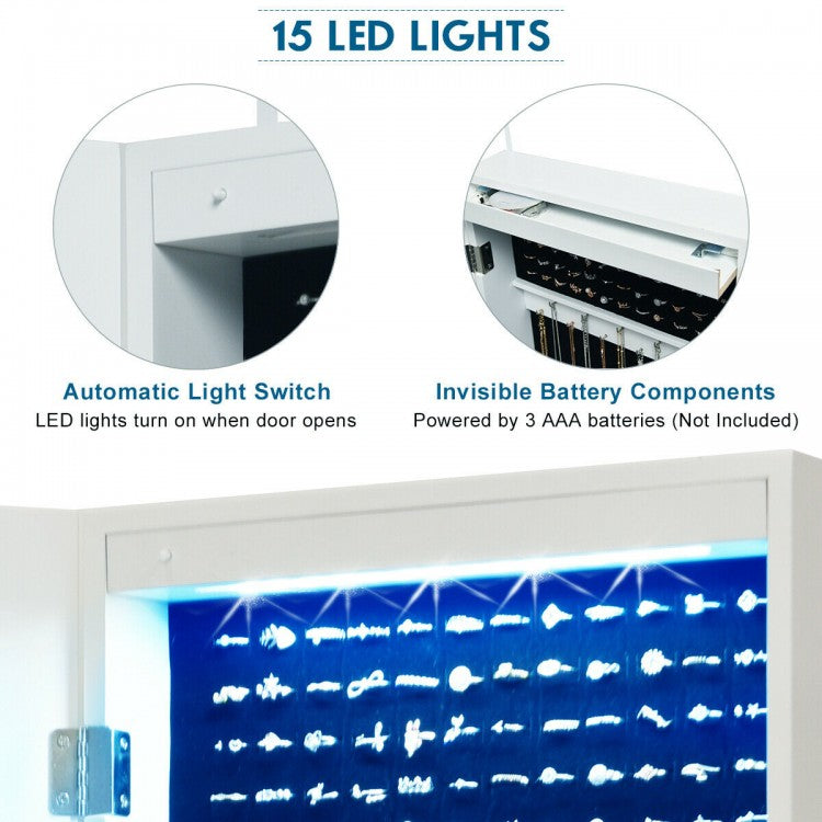 Wall & Door Mounted Lockable Jewelry Cabinet with Full-Length Mirror and LED Lighting