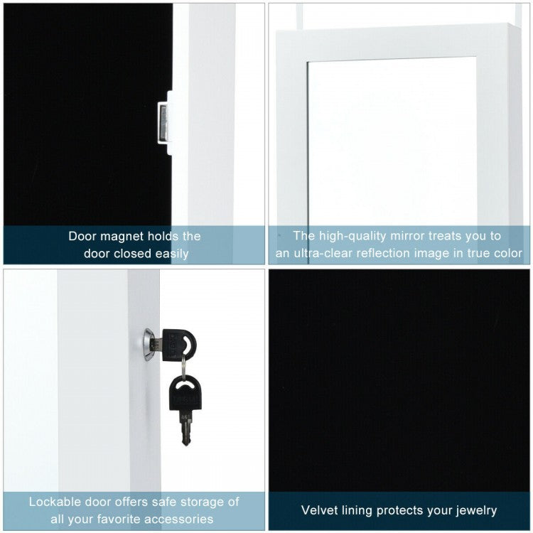 Wall & Door Mounted Lockable Jewelry Cabinet with Full-Length Mirror and LED Lighting