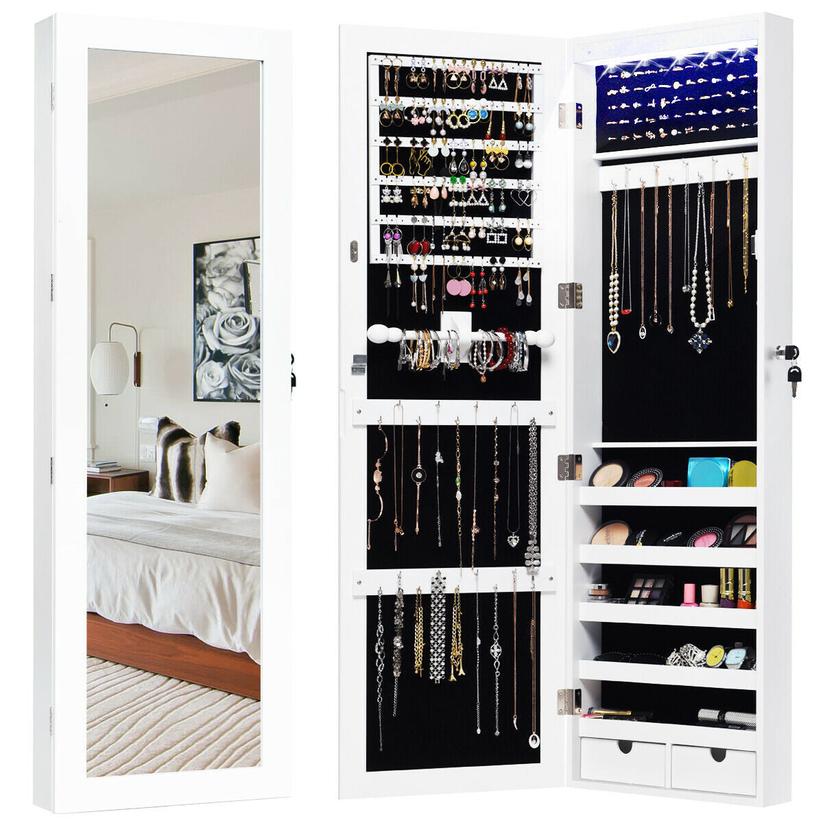 Wall & Door Mounted Lockable Jewelry Cabinet with Full-Length Mirror and LED Lighting