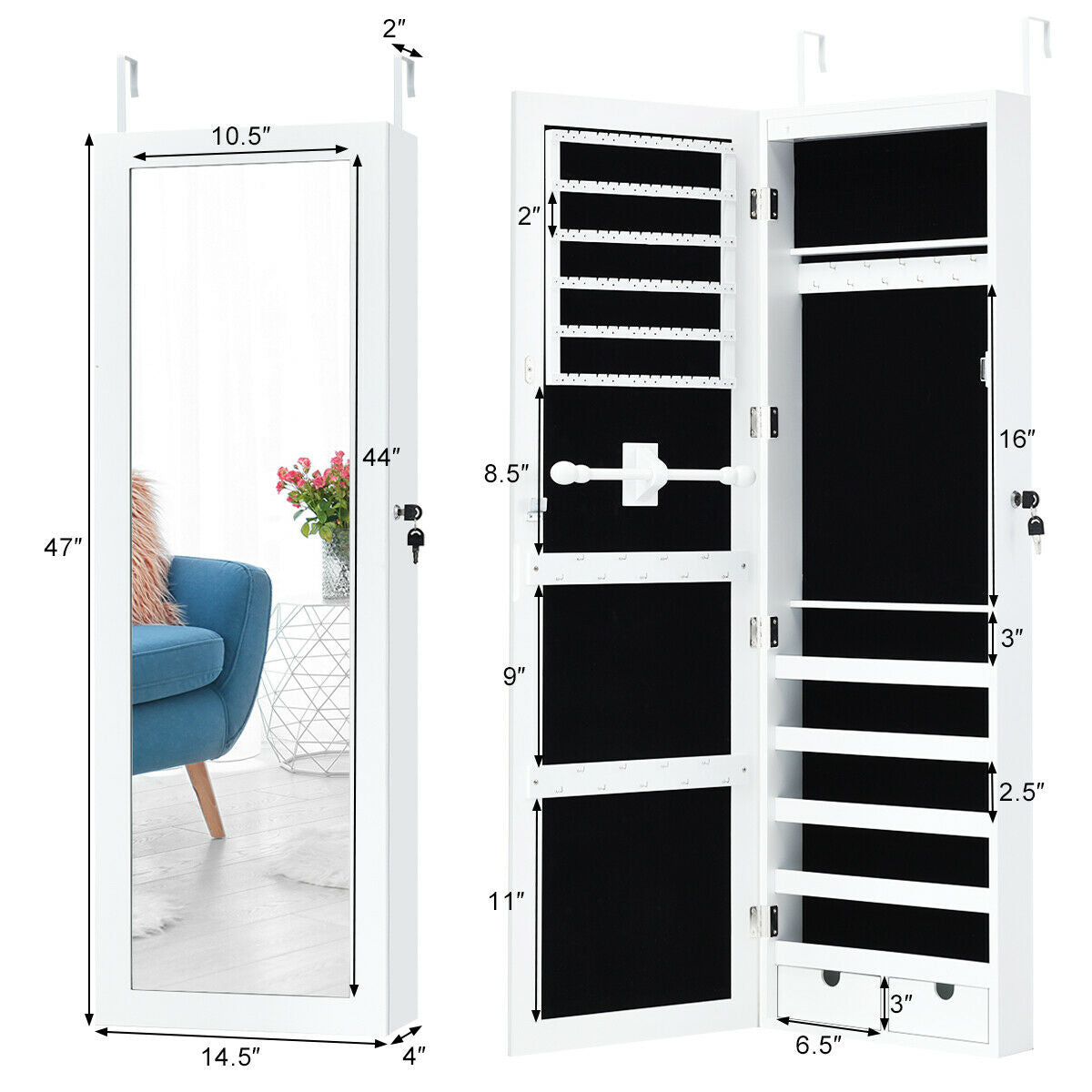 Wall & Door Mounted Lockable Jewelry Cabinet with Full-Length Mirror and LED Lighting