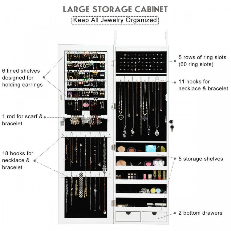 Wall & Door Mounted Lockable Jewelry Cabinet with Full-Length Mirror and LED Lighting
