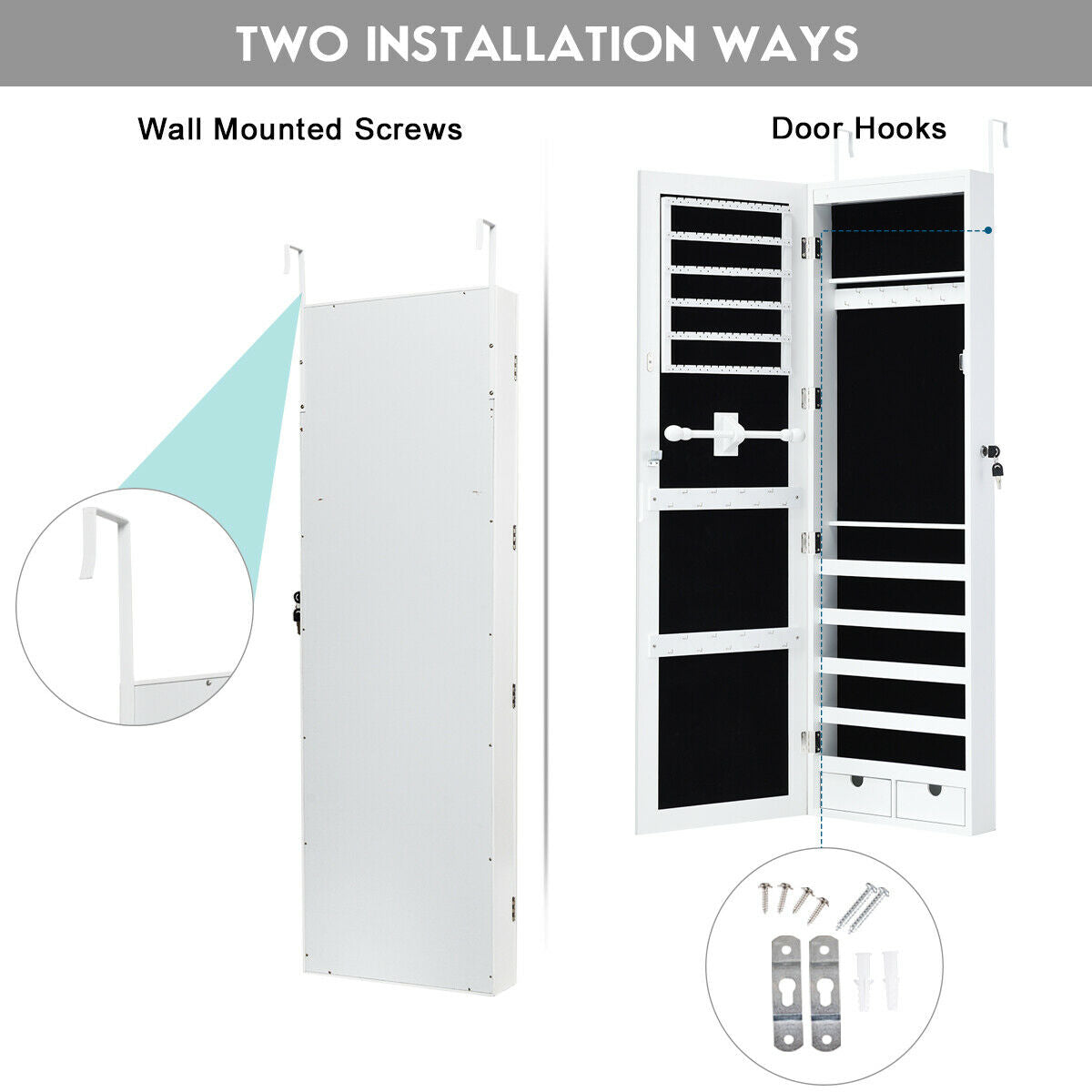 Wall & Door Mounted Lockable Jewelry Cabinet with Full-Length Mirror and LED Lighting
