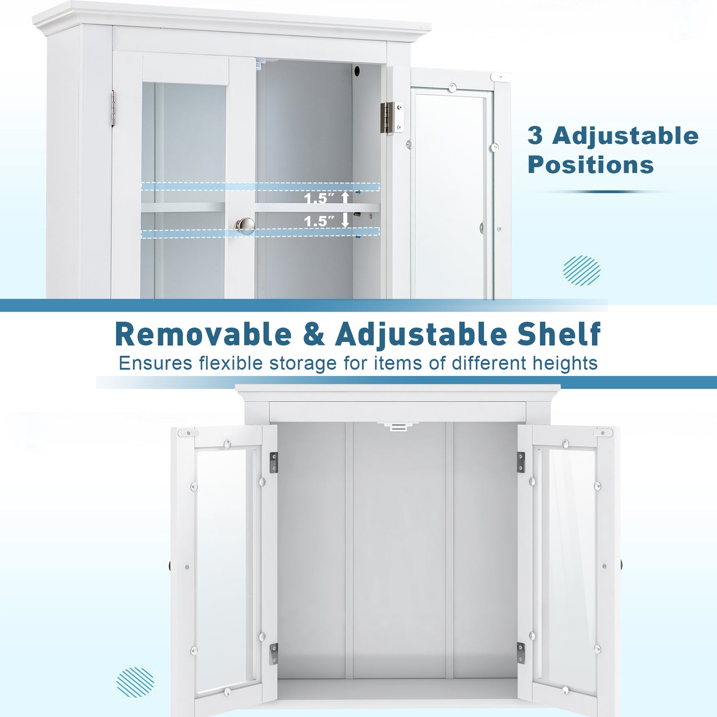 Wall-Mounted Storage Cabinet with 3 Level Adjustable Shelf & Tempered Glass Doors