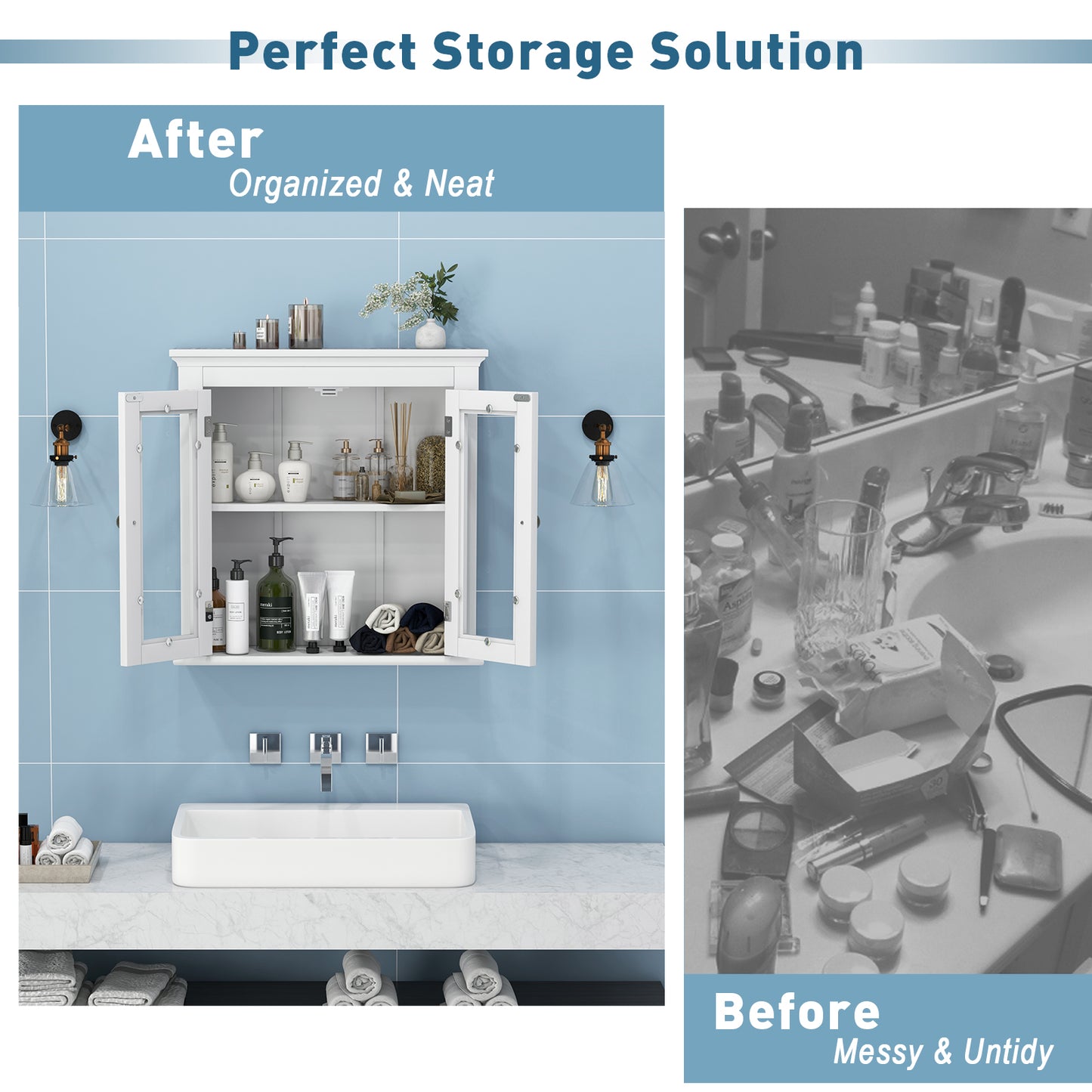 Wall-Mounted Storage Cabinet with 3 Level Adjustable Shelf & Tempered Glass Doors