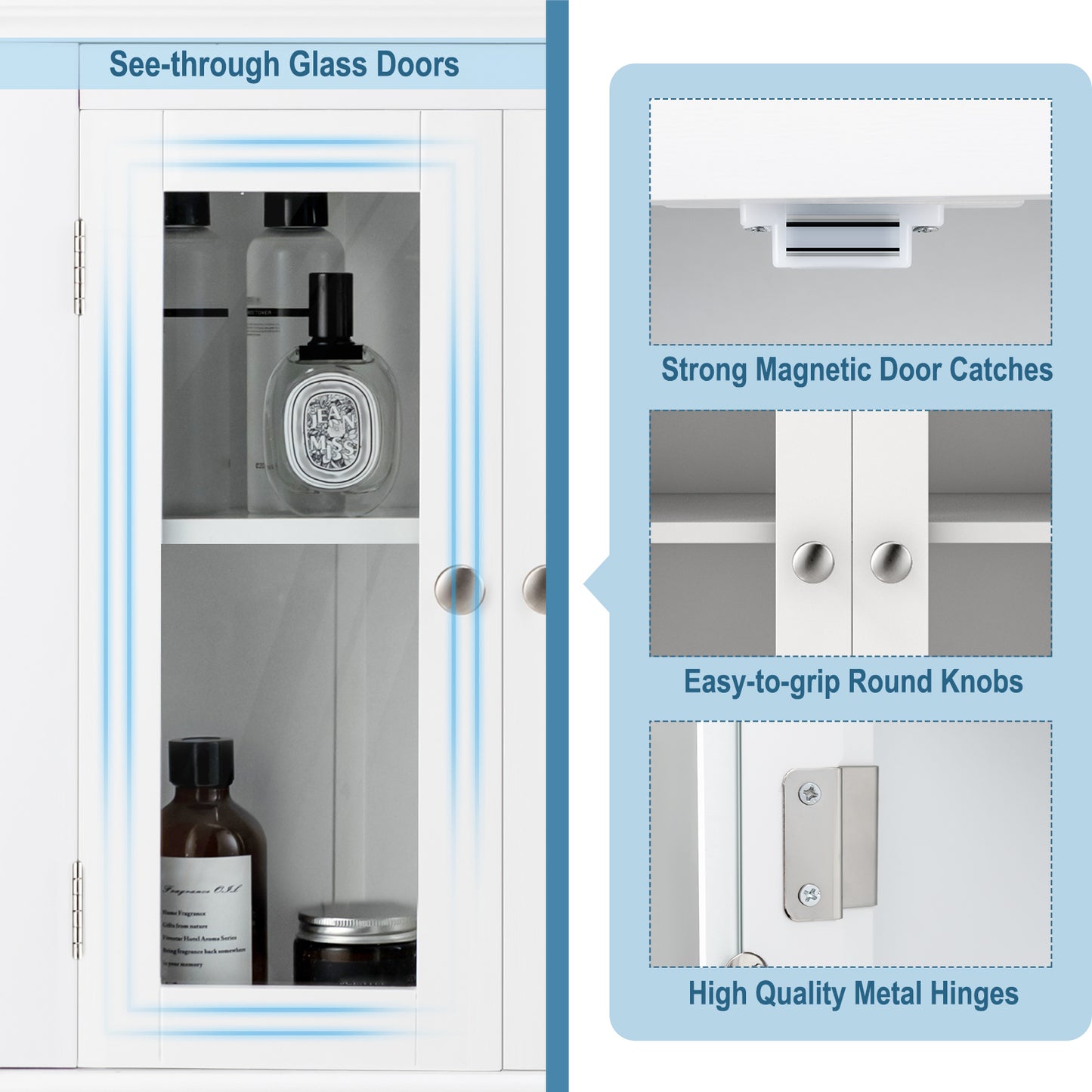 Wall-Mounted Storage Cabinet with 3 Level Adjustable Shelf & Tempered Glass Doors