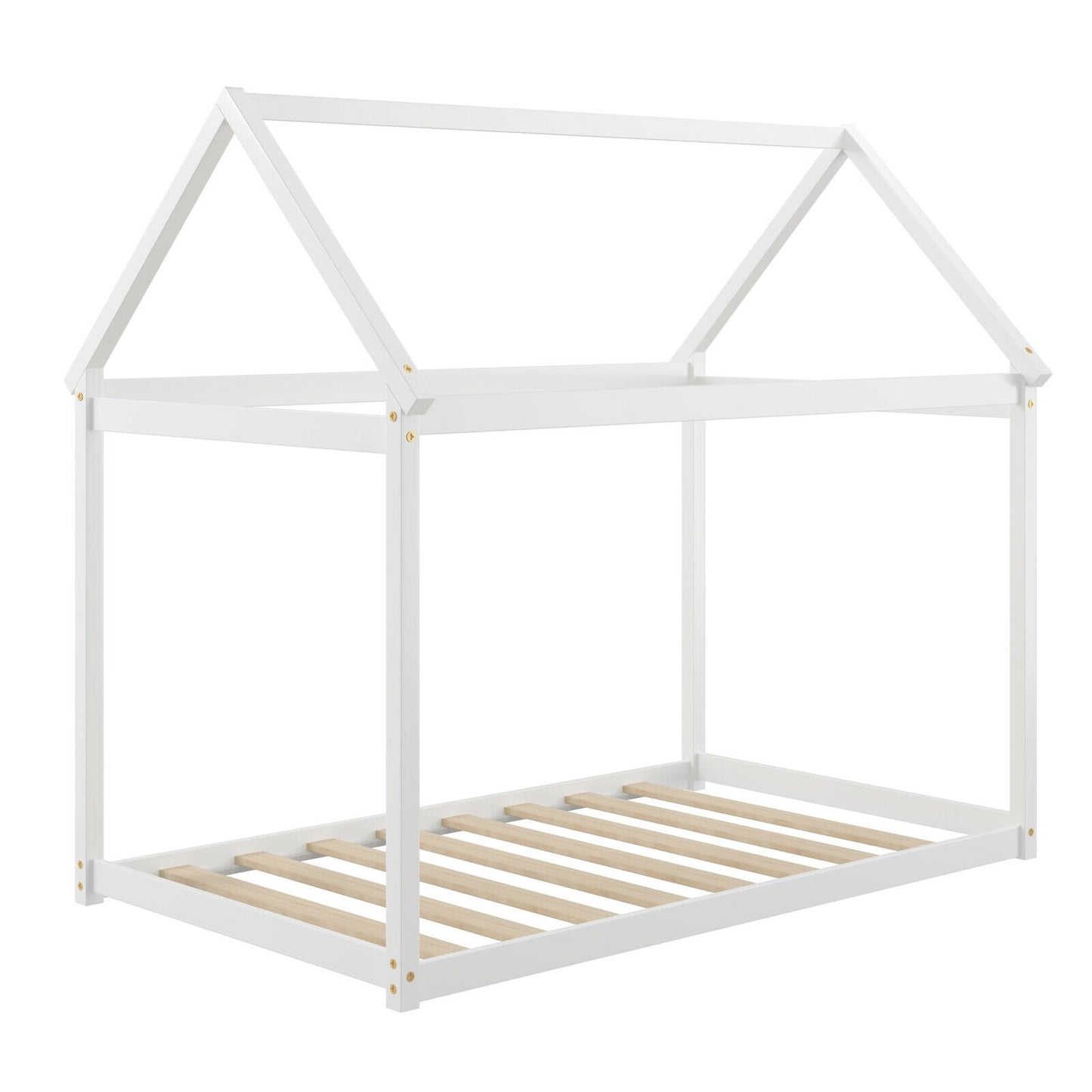 Durable Twin Platform Kids Bed with Roof and Heavy-Duty Slats – White
