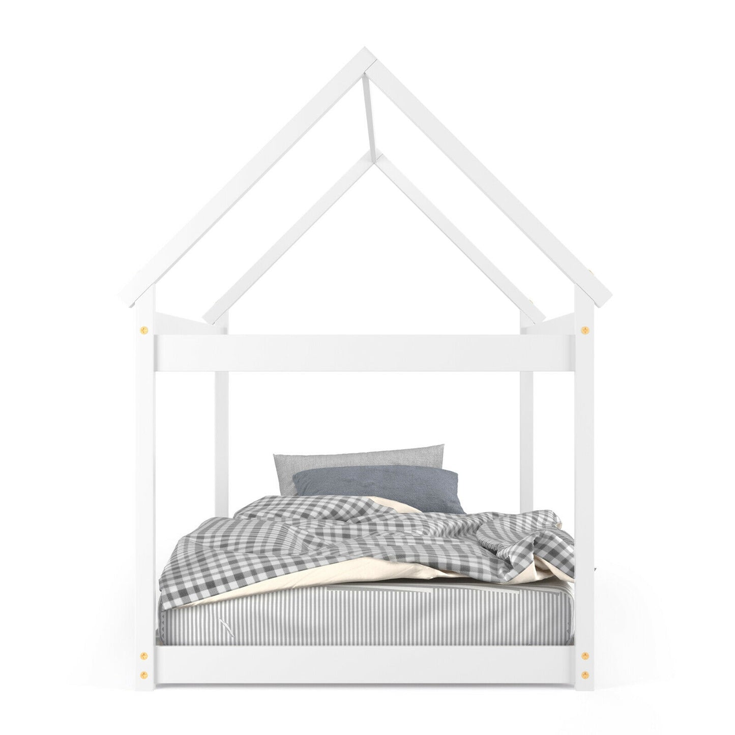 Durable Twin Platform Kids Bed with Roof and Heavy-Duty Slats – White