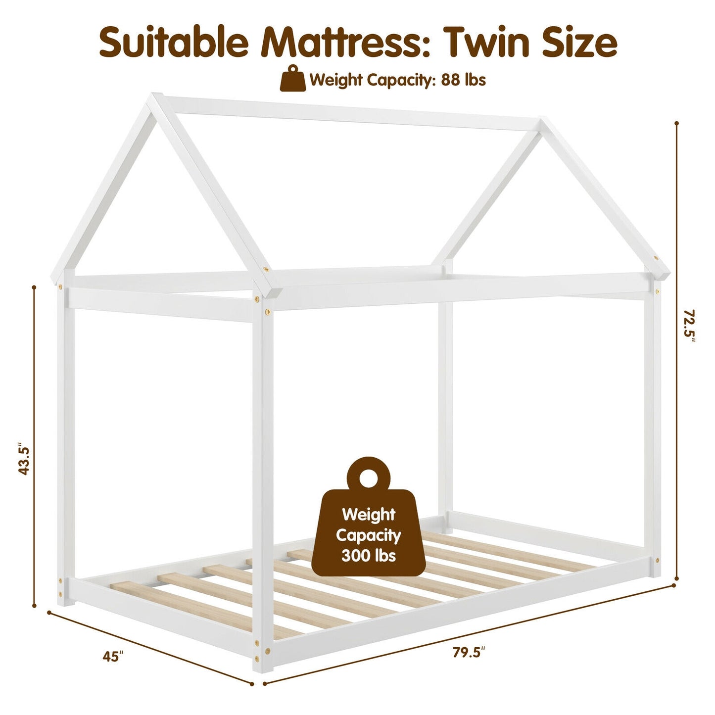 Durable Twin Platform Kids Bed with Roof and Heavy-Duty Slats – White