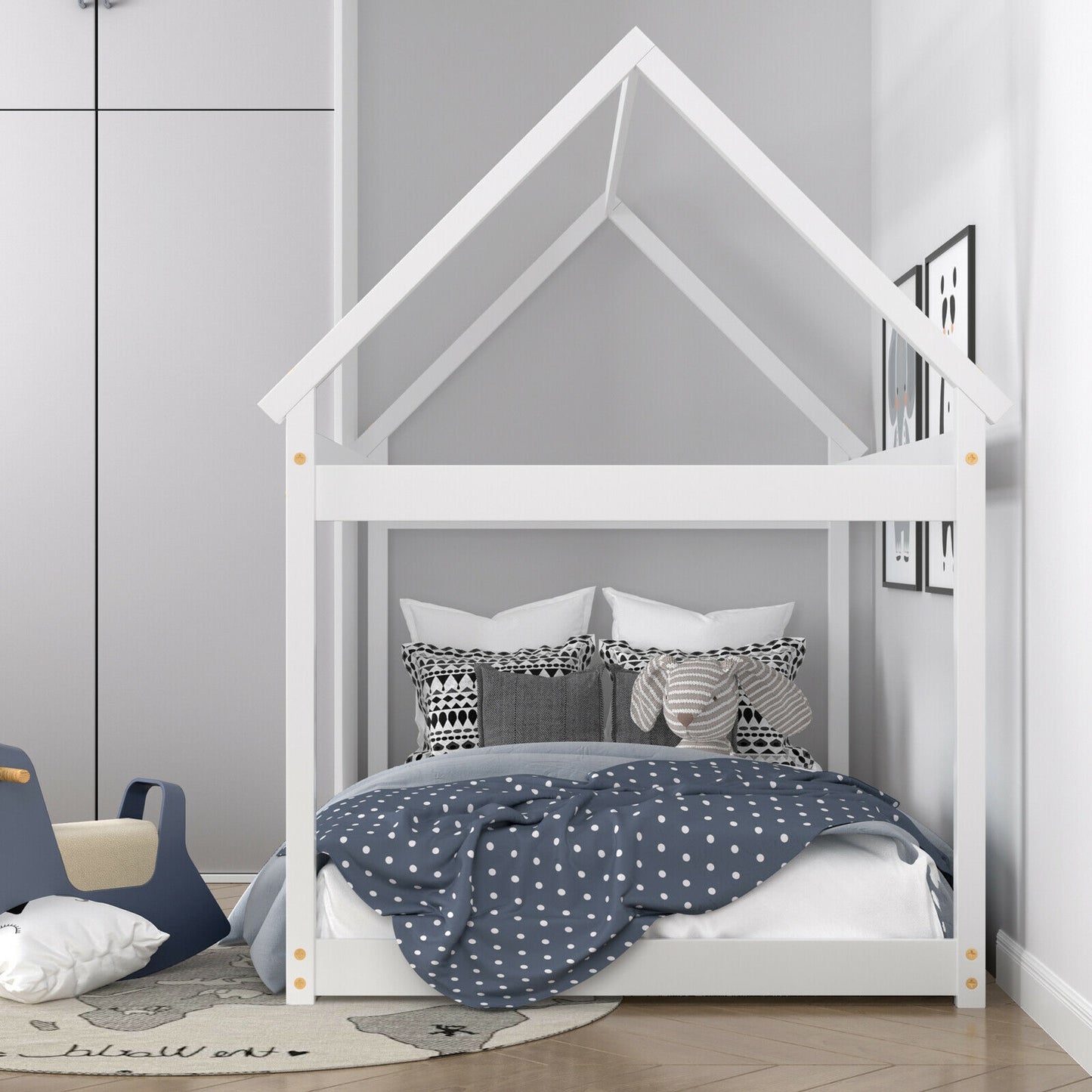 Durable Twin Platform Kids Bed with Roof and Heavy-Duty Slats – White