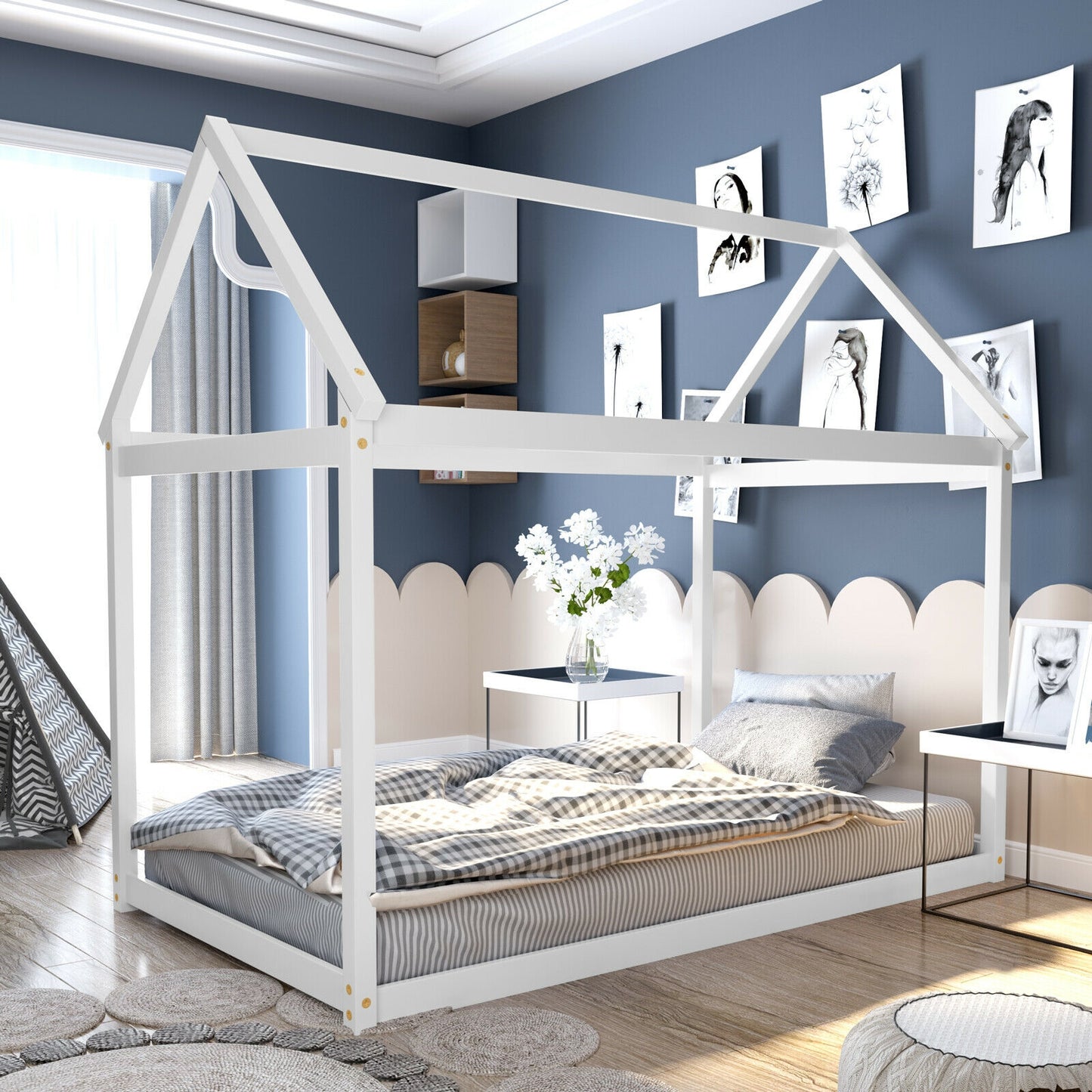 Durable Twin Platform Kids Bed with Roof and Heavy-Duty Slats – White