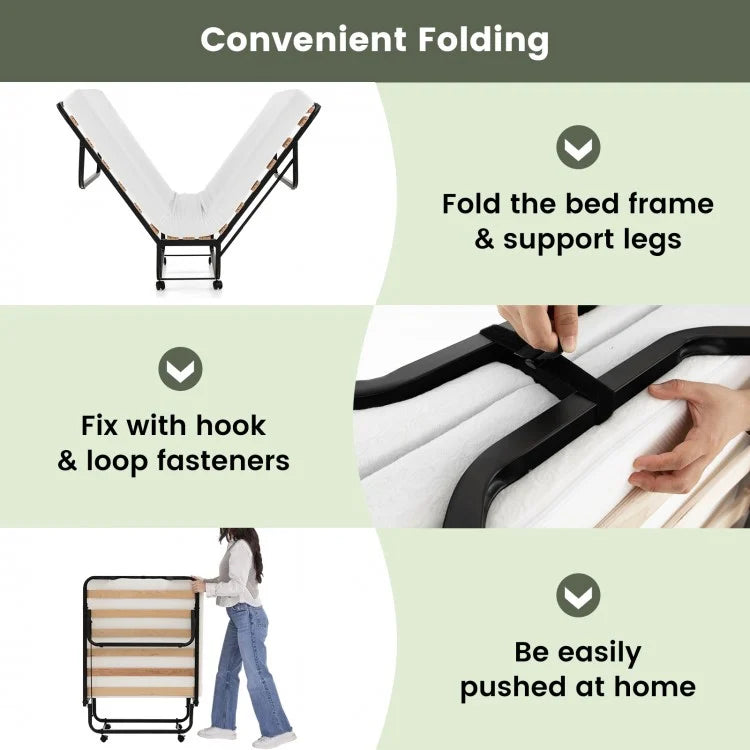 Portable Twin Folding Bed with Foam Mattress and Lockable Wheels