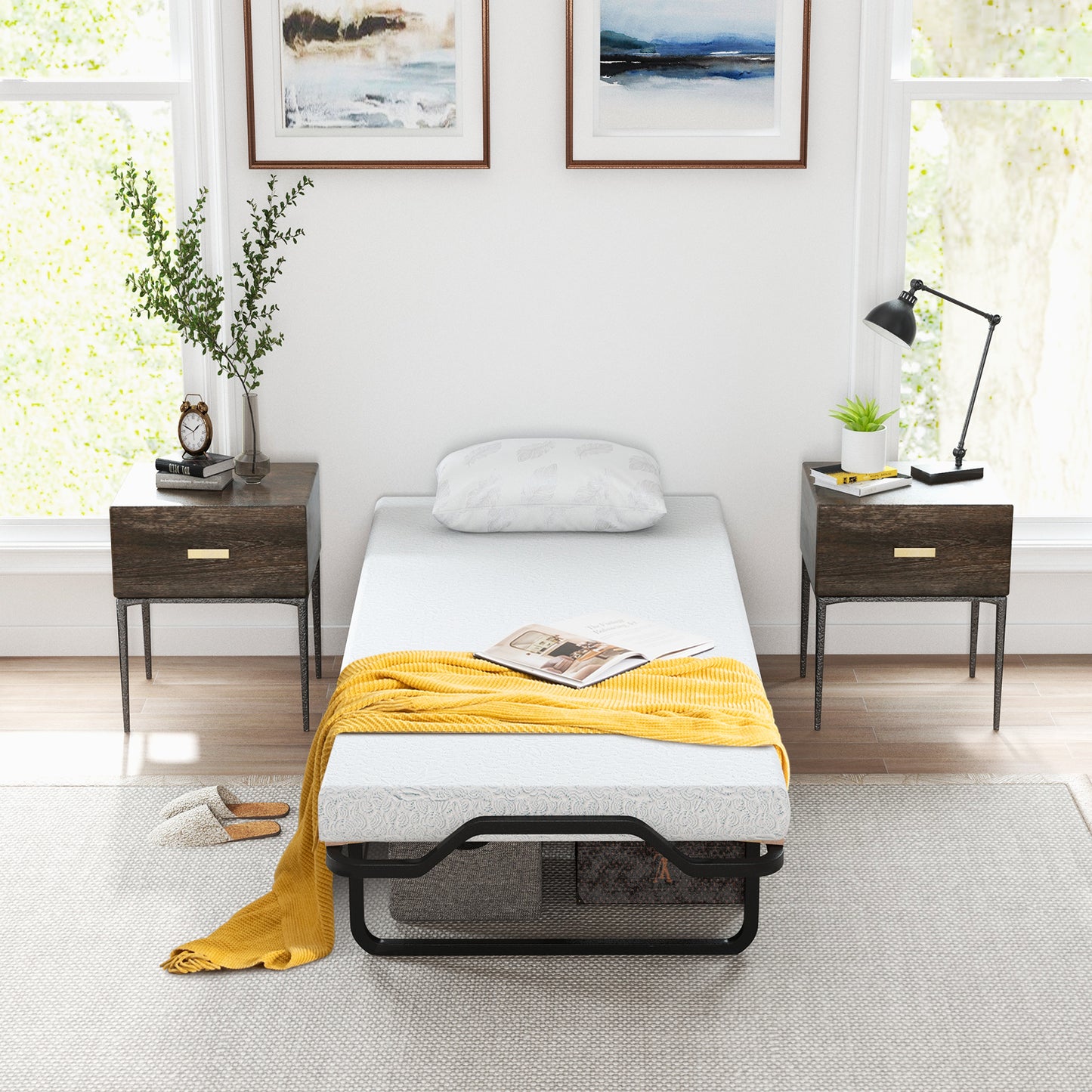 Portable Twin Folding Bed with Foam Mattress and Lockable Wheels