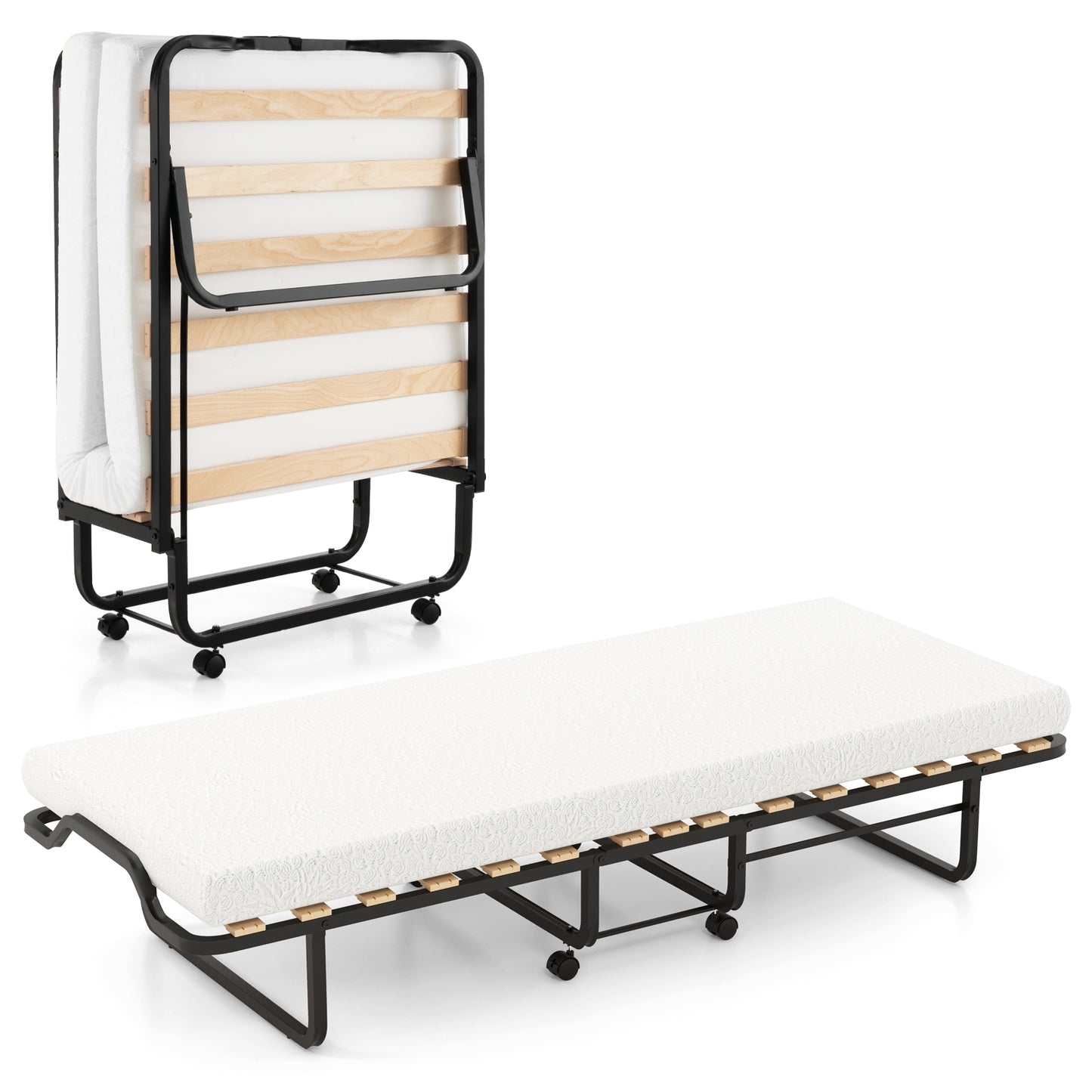 Portable Twin Folding Bed with Foam Mattress and Lockable Wheels