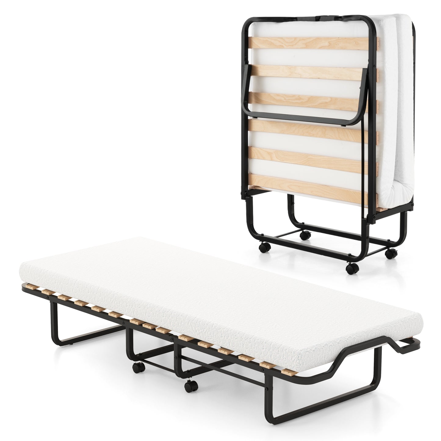Portable Twin Folding Bed with Foam Mattress and Lockable Wheels