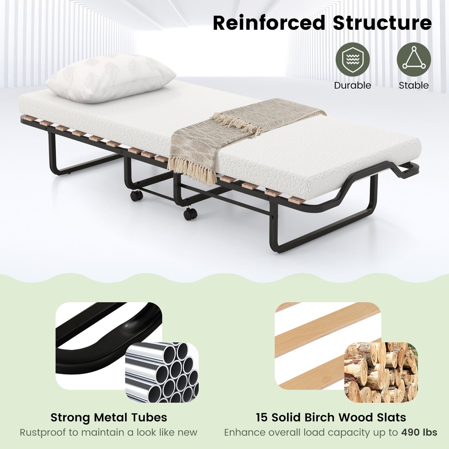 Portable Twin Folding Bed with Foam Mattress and Lockable Wheels