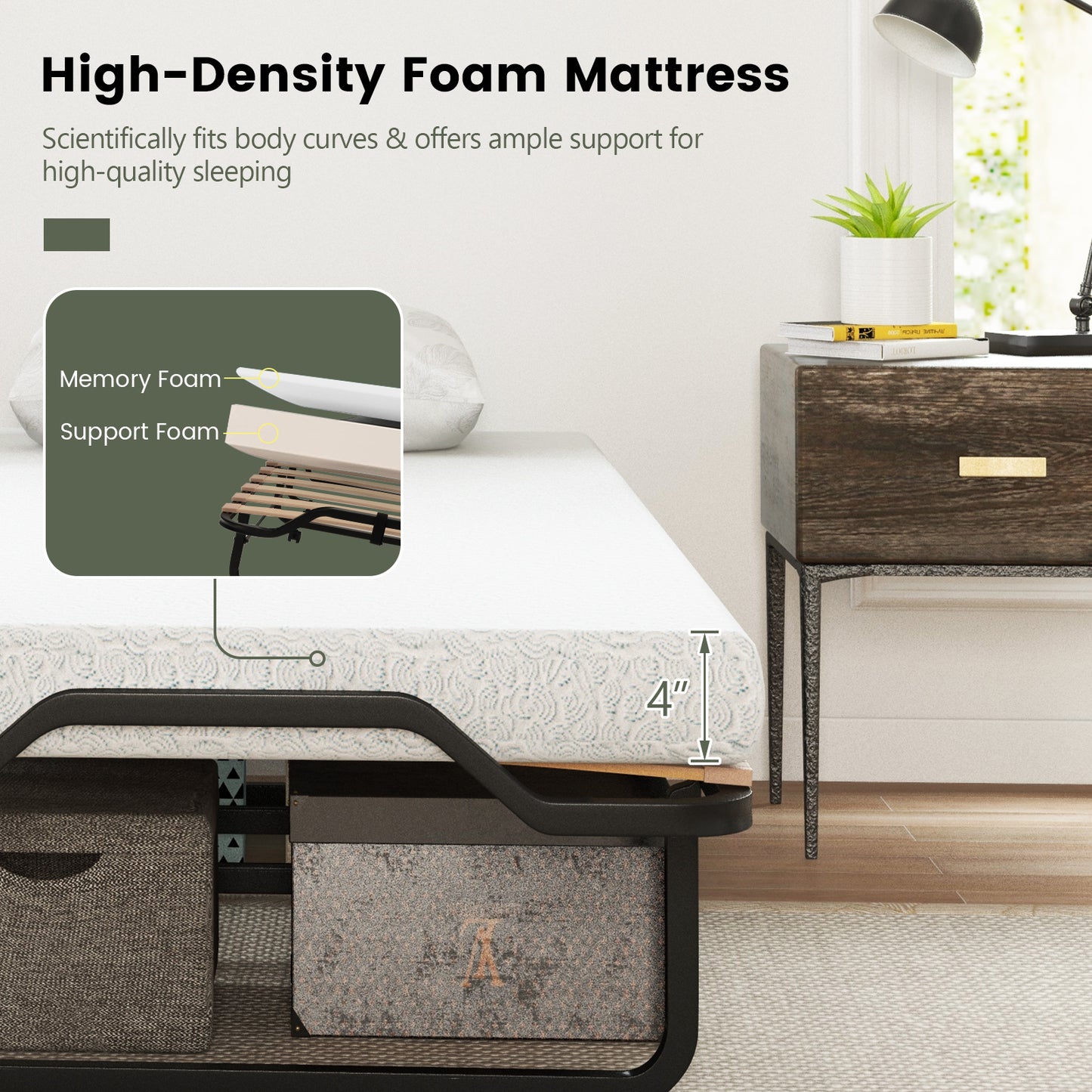 Portable Twin Folding Bed with Foam Mattress and Lockable Wheels