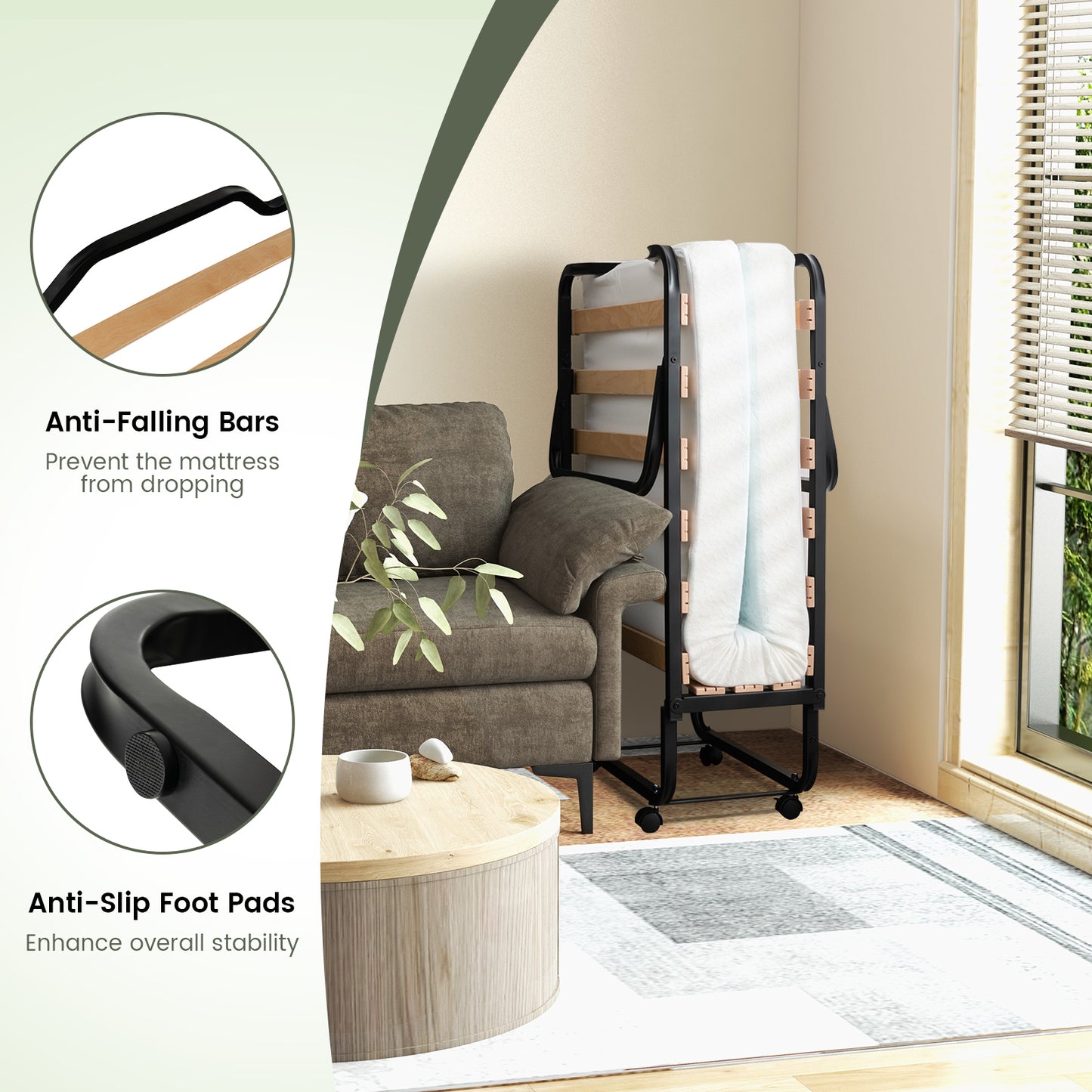 Portable Twin Folding Bed with Foam Mattress and Lockable Wheels