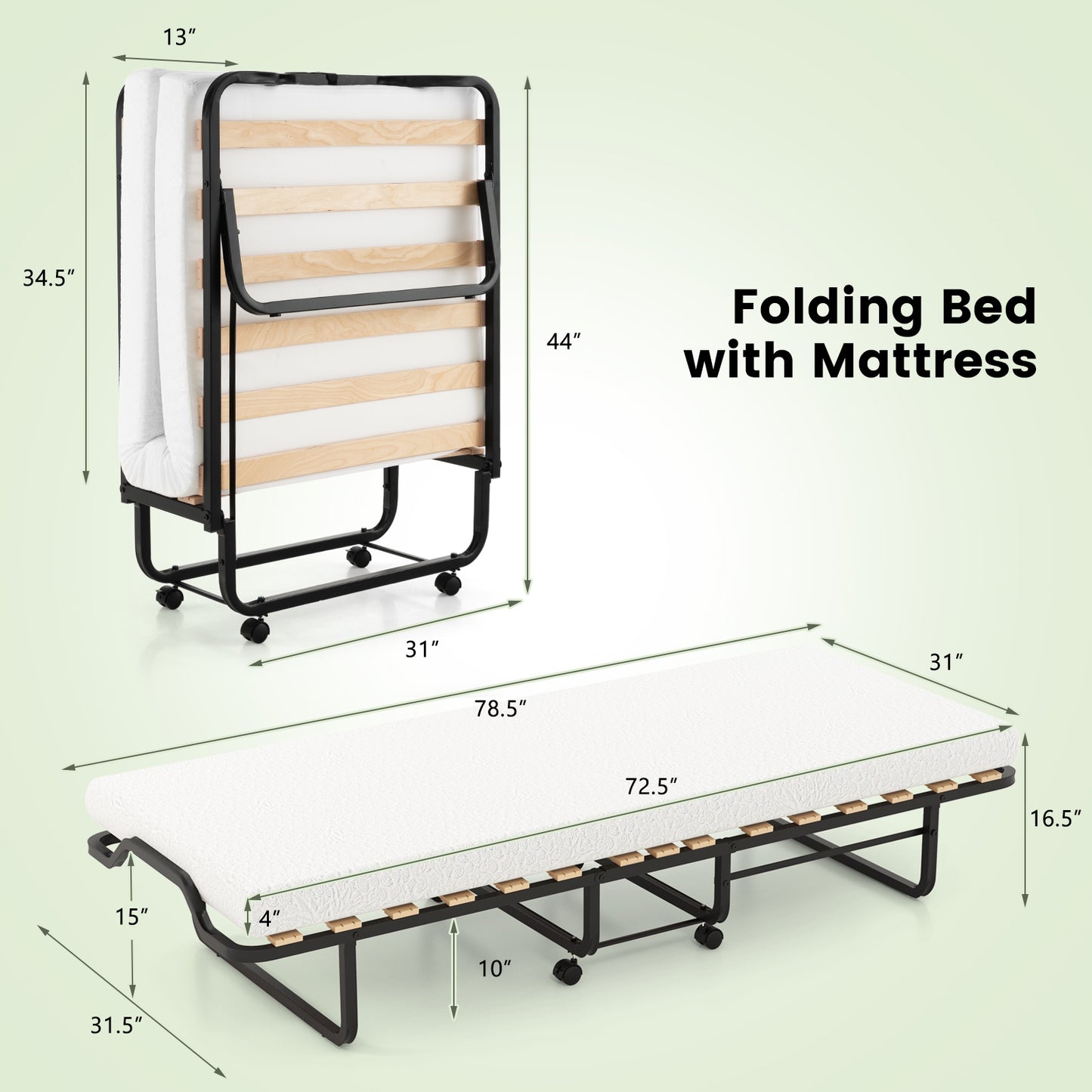 Portable Twin Folding Bed with Foam Mattress and Lockable Wheels