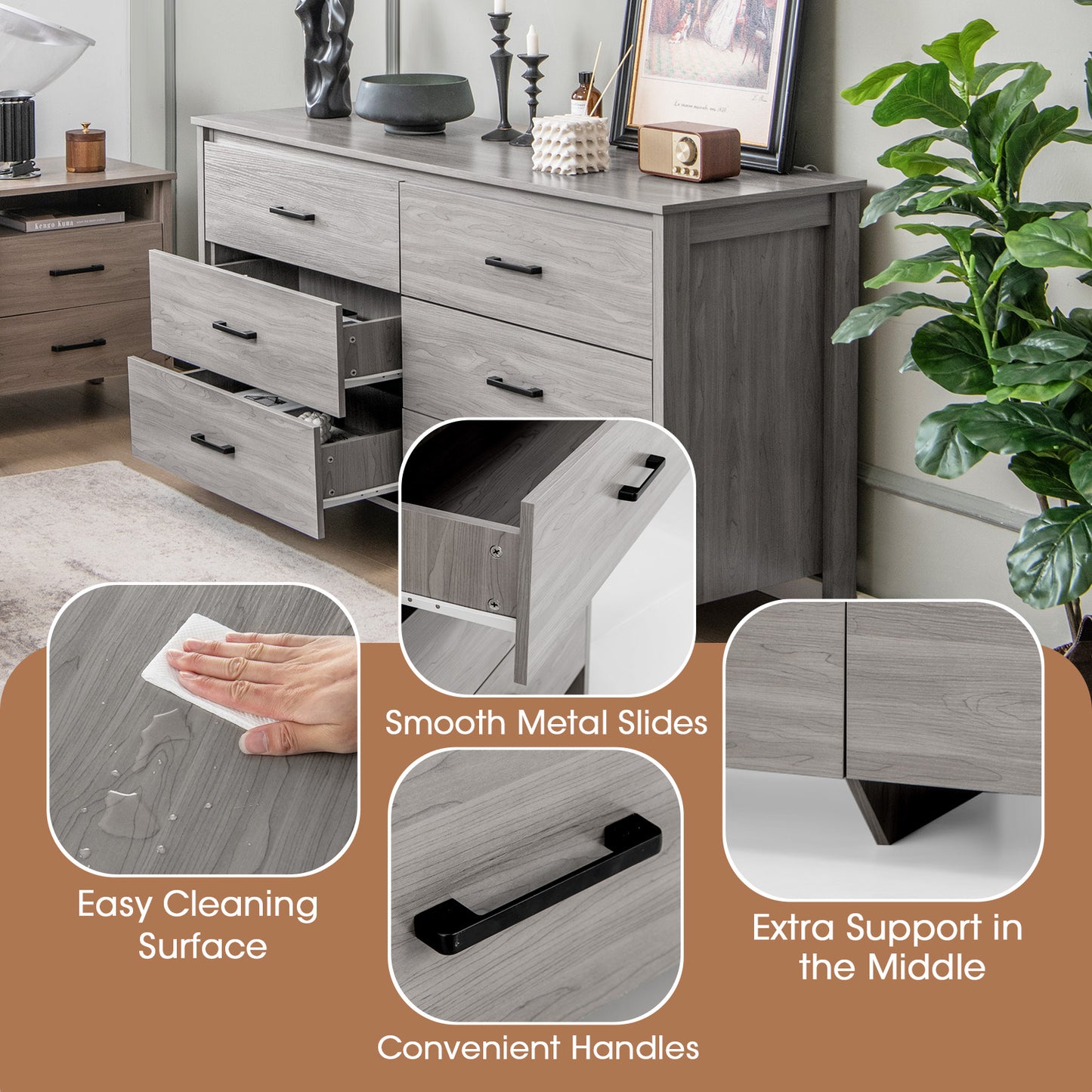 Modern 6 Drawer Dresser with Center Support and Anti-Tip Kit – Grey