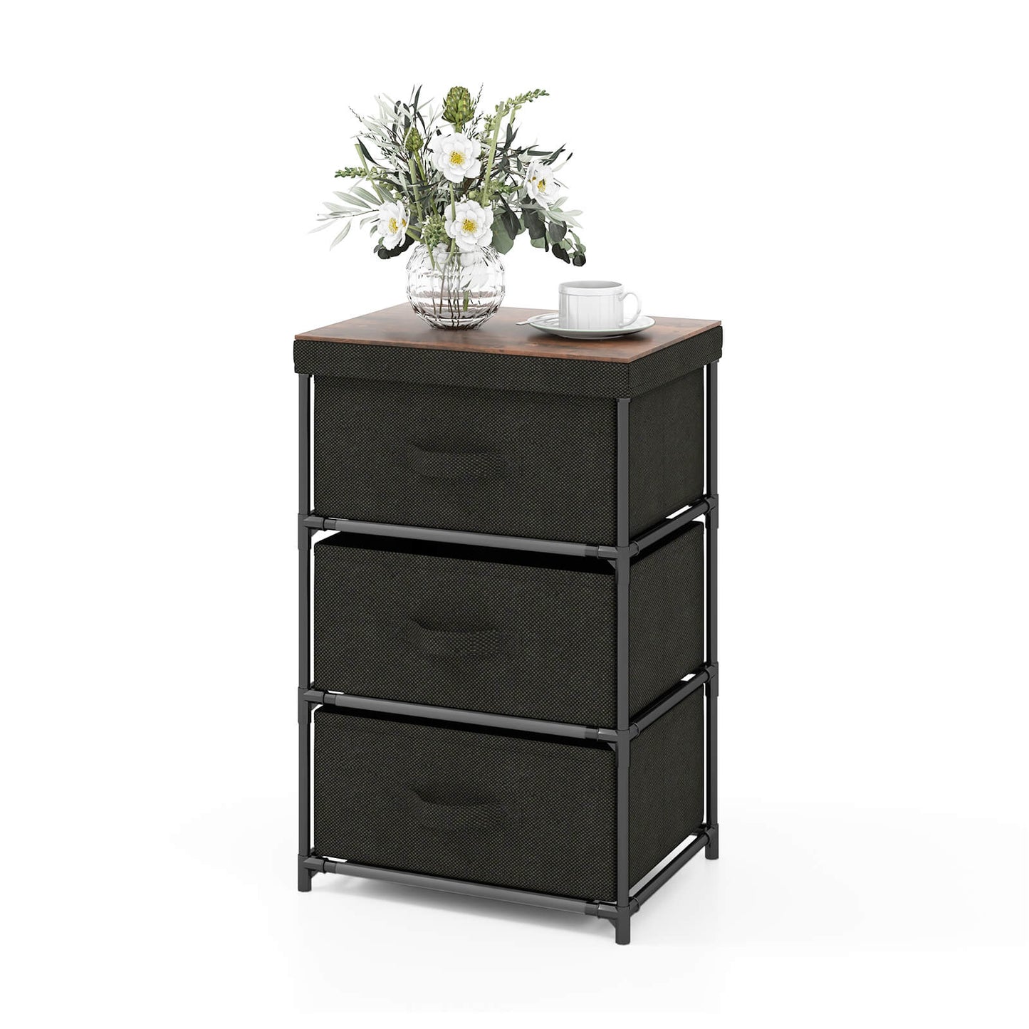 Modern Fabric Nightstand with 3 Storage Drawers and Sturdy Frame - Black