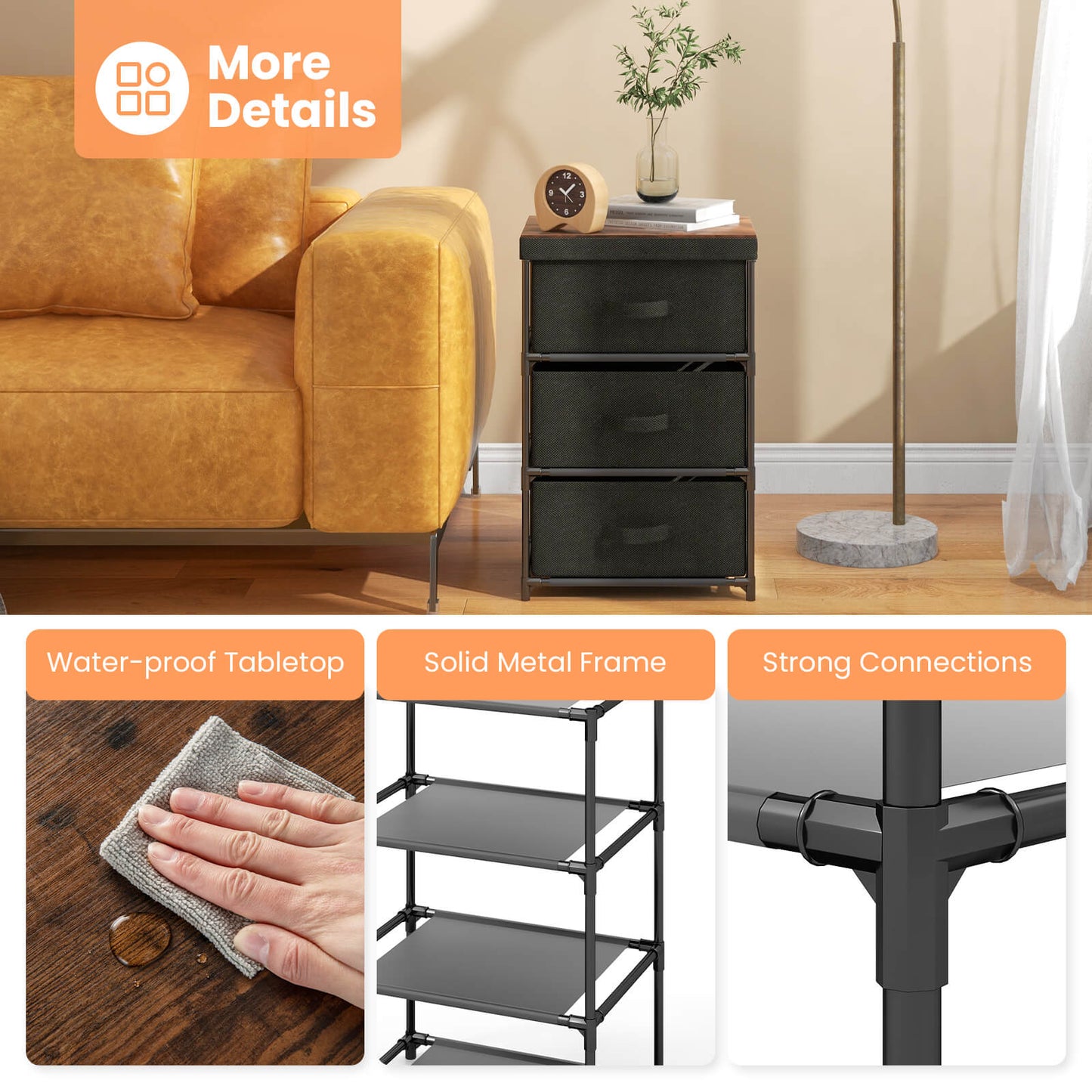 Modern Fabric Nightstand with 3 Storage Drawers and Sturdy Frame - Black