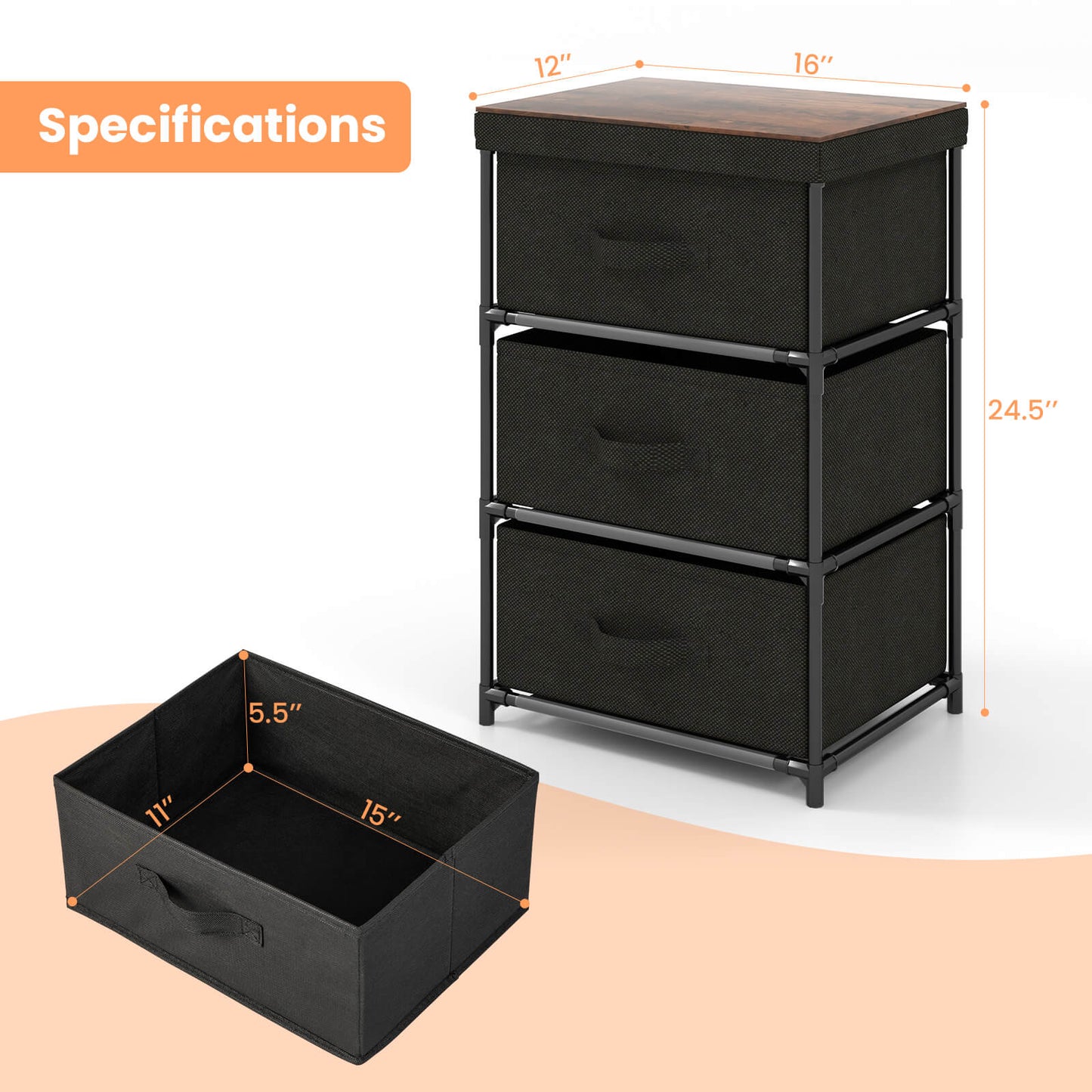 Modern Fabric Nightstand with 3 Storage Drawers and Sturdy Frame - Black