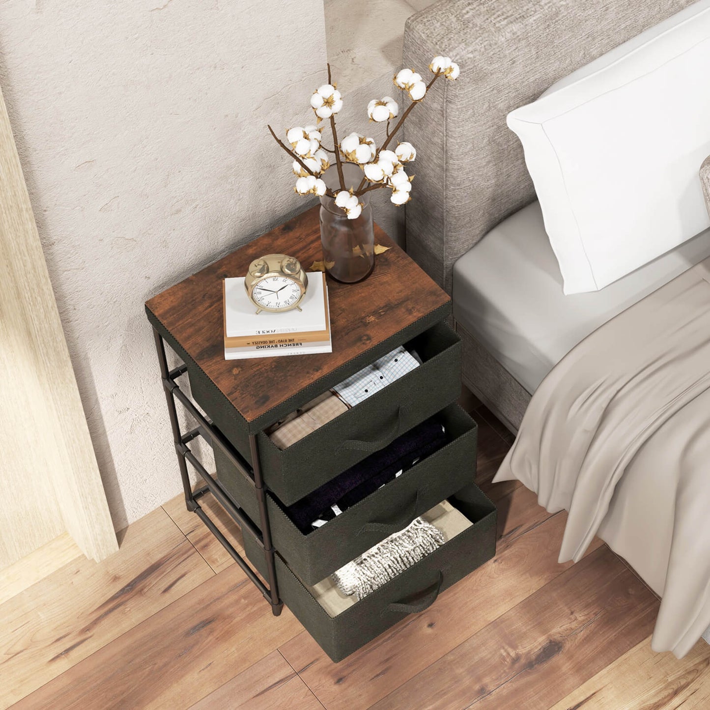 Modern Fabric Nightstand with 3 Storage Drawers and Sturdy Frame - Black