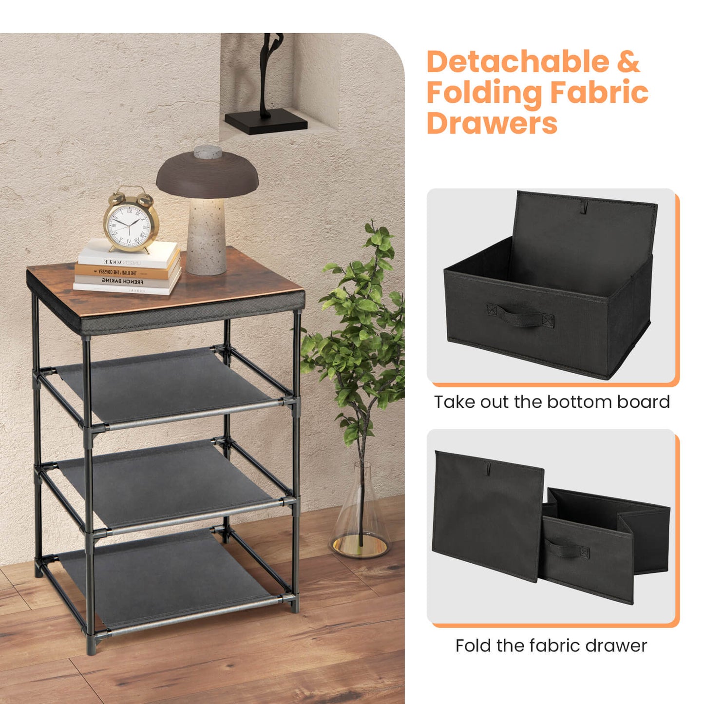 Modern Fabric Nightstand with 3 Storage Drawers and Sturdy Frame - Black