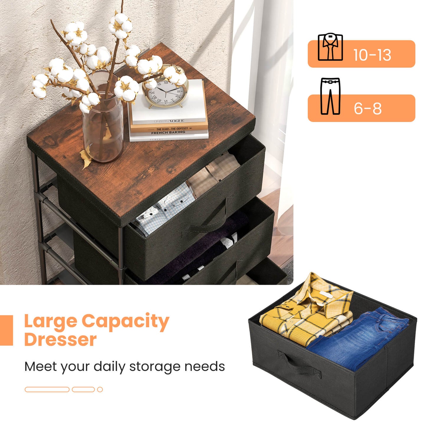 Modern Fabric Nightstand with 3 Storage Drawers and Sturdy Frame - Black