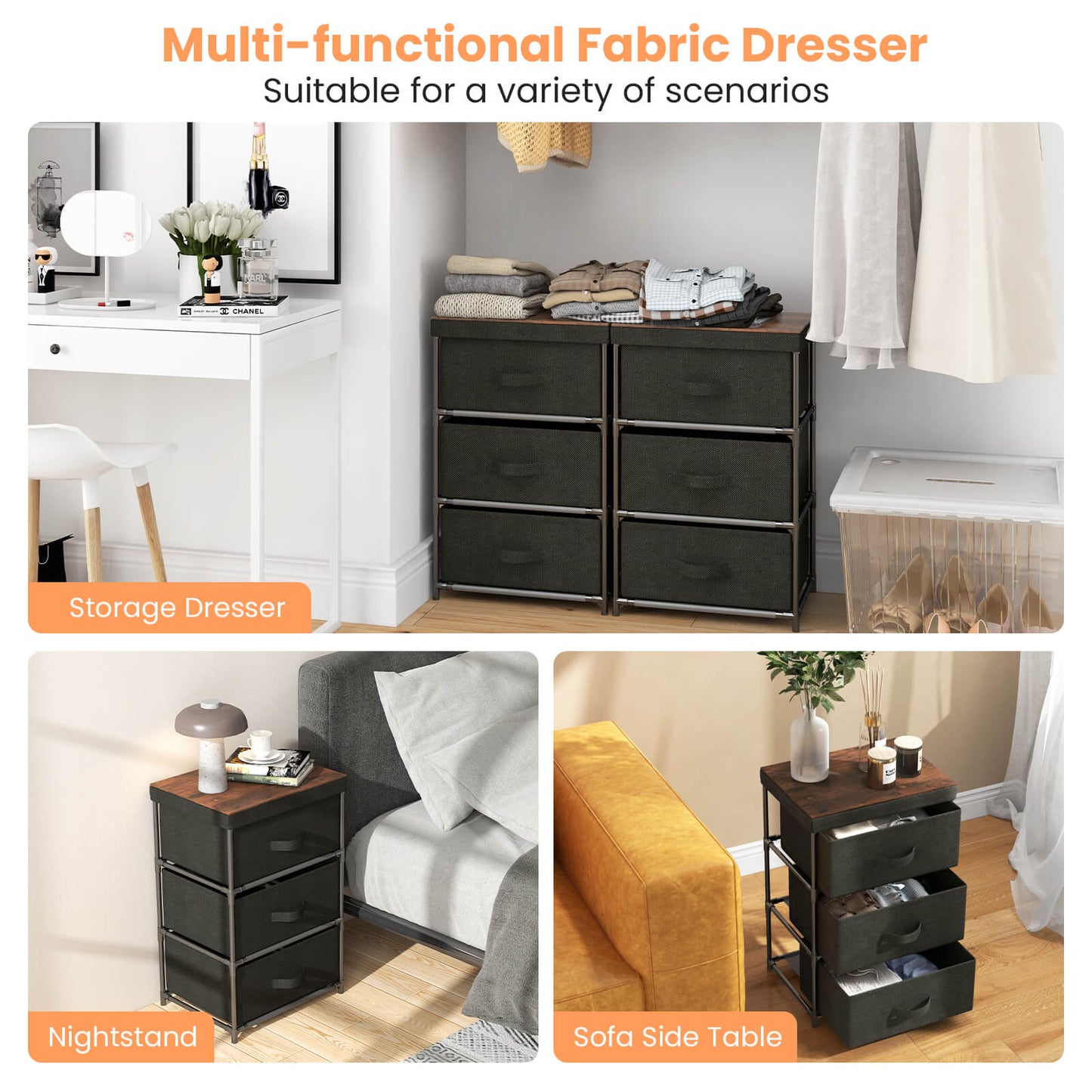 Modern Fabric Nightstand with 3 Storage Drawers and Sturdy Frame - Black