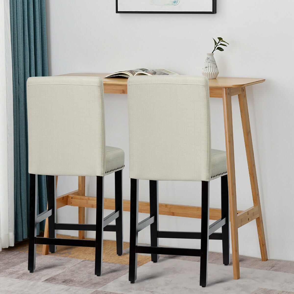Upholstered Kitchen Chair with Rubber Wood Legs 25 Inch, Set of 2 Beige