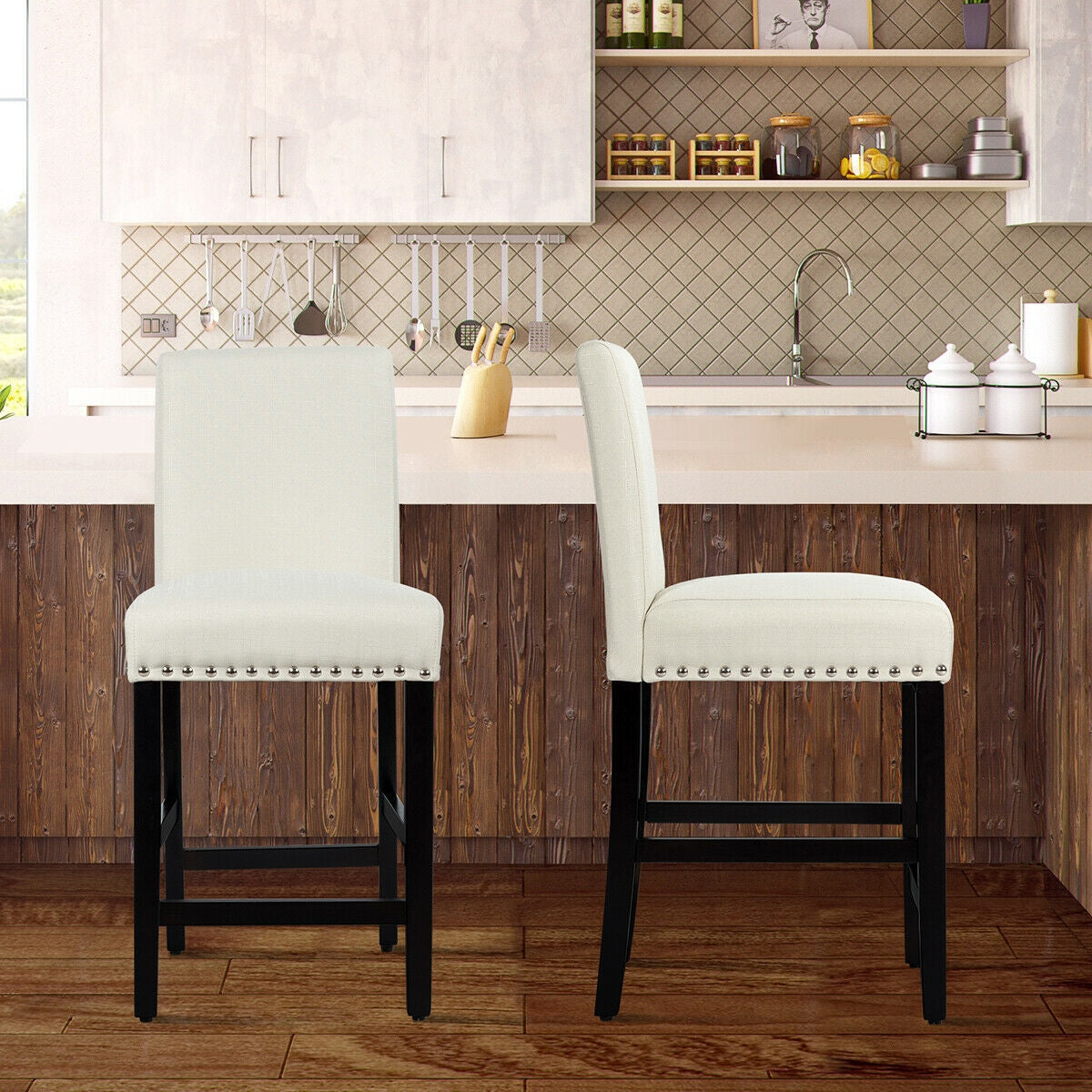 Upholstered Kitchen Chair with Rubber Wood Legs 25 Inch, Set of 2 Beige