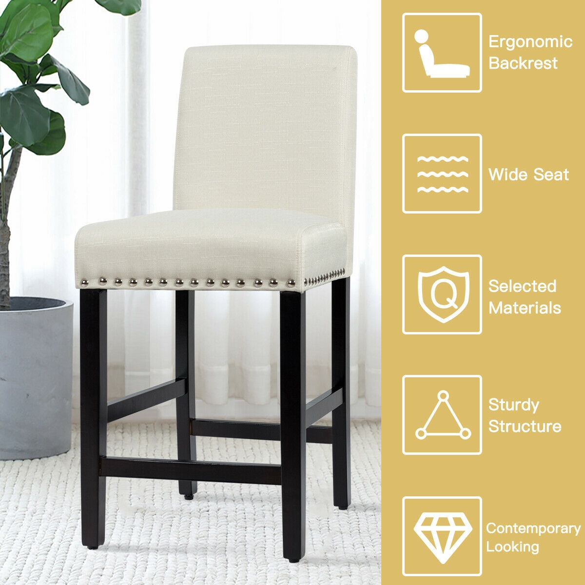 Upholstered Kitchen Chair with Rubber Wood Legs 25 Inch, Set of 2 Beige