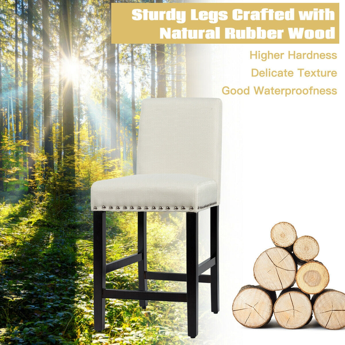 Upholstered Kitchen Chair with Rubber Wood Legs 25 Inch, Set of 2 Beige