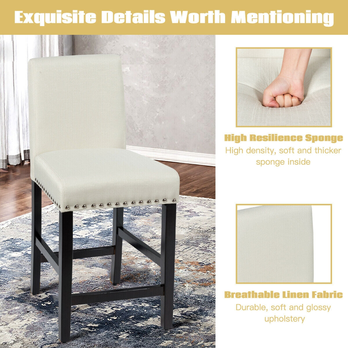 Upholstered Kitchen Chair with Rubber Wood Legs 25 Inch, Set of 2 Beige