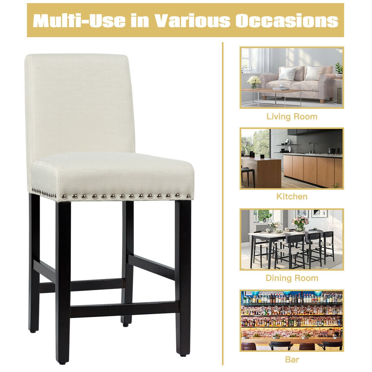 Upholstered Kitchen Chair with Rubber Wood Legs 25 Inch, Set of 2 Beige
