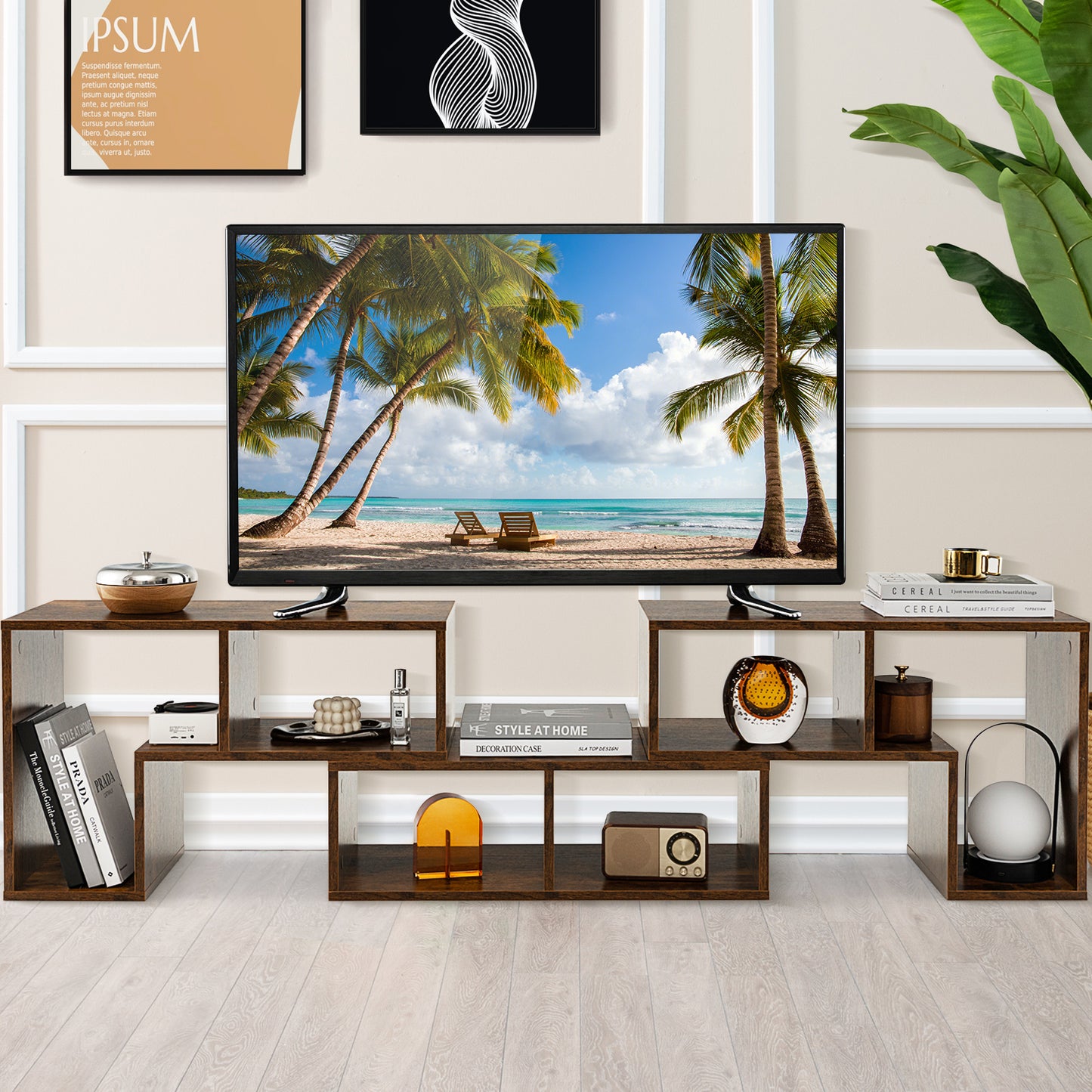 Adjustable 3-Piece TV Console with Shelves for TVs up to 65 Inch in Brown Finish