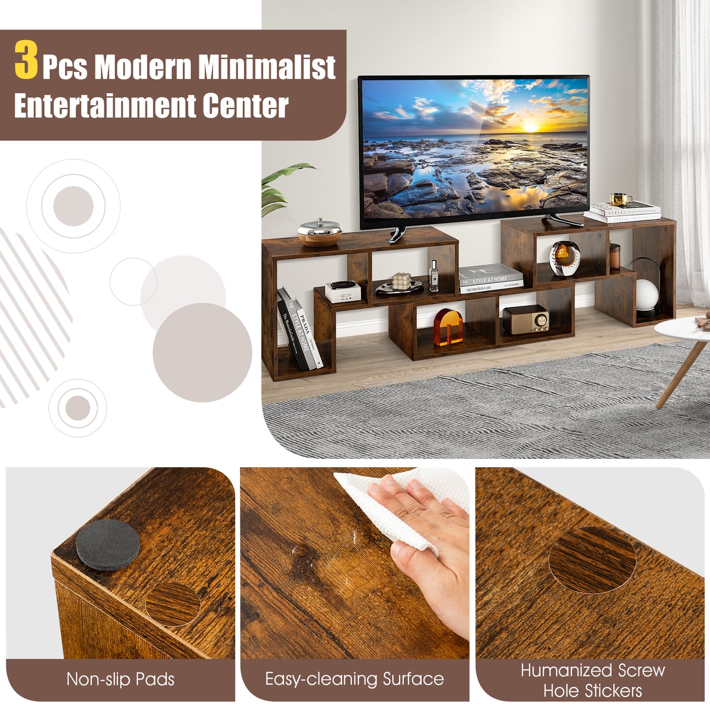 Adjustable 3-Piece TV Console with Shelves for TVs up to 65 Inch in Brown Finish