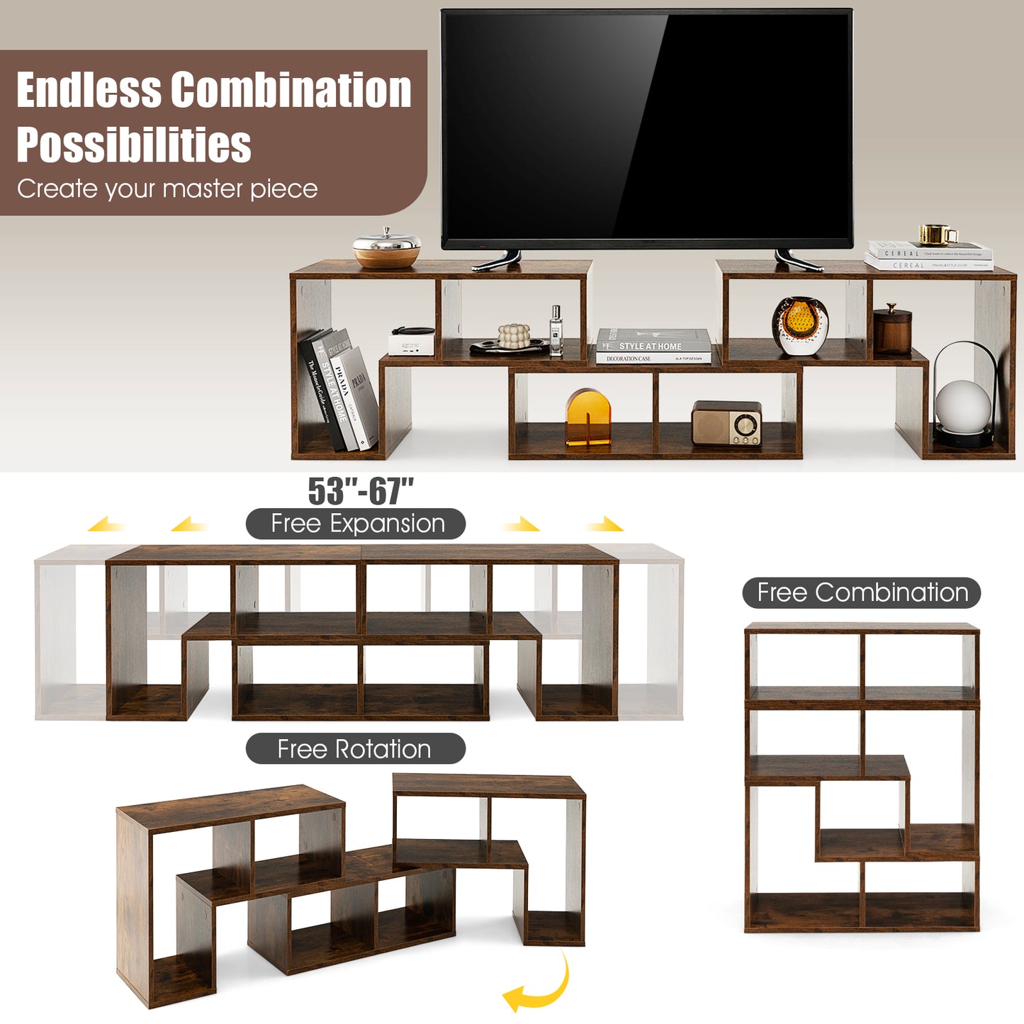 Adjustable 3-Piece TV Console with Shelves for TVs up to 65 Inch in Brown Finish