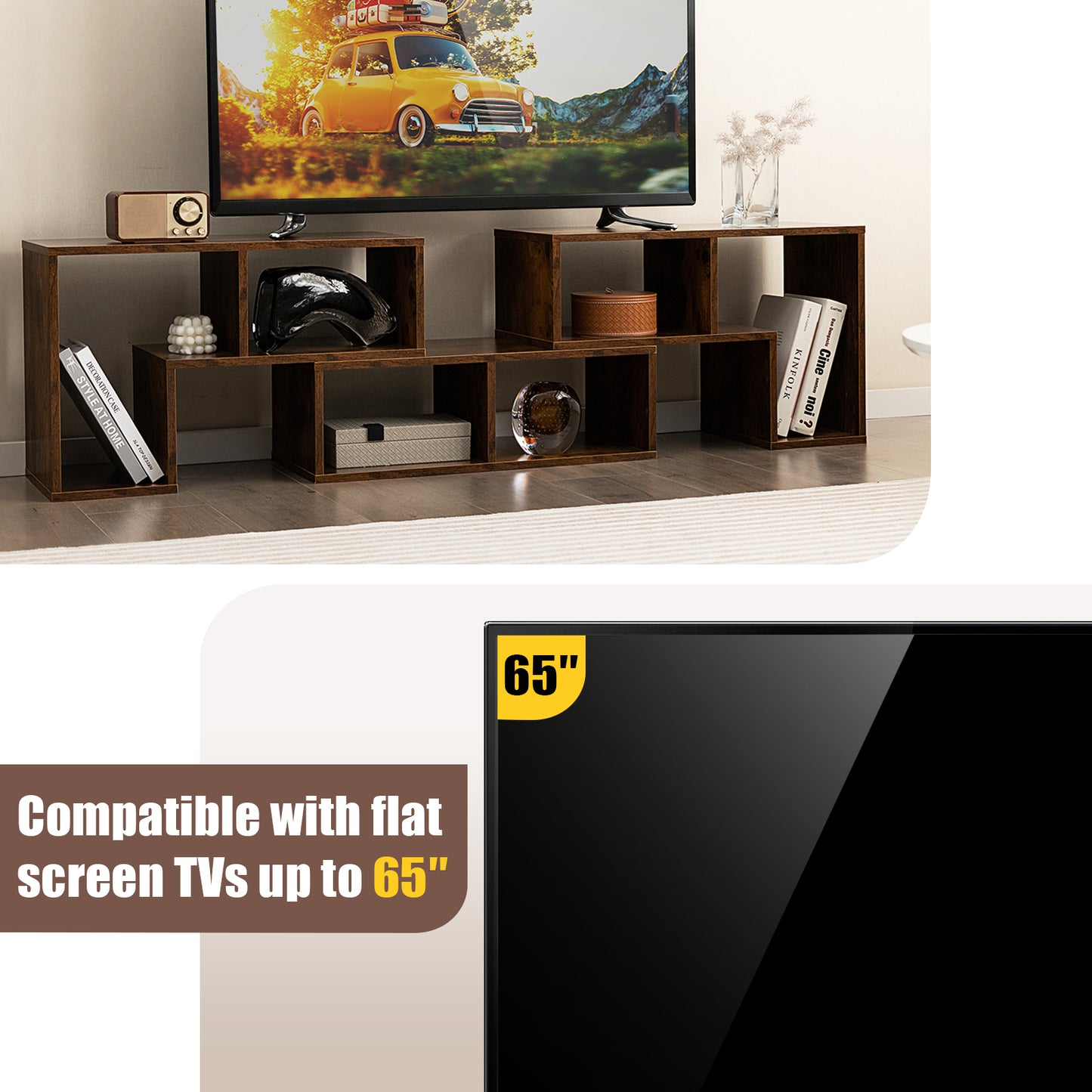 Adjustable 3-Piece TV Console with Shelves for TVs up to 65 Inch in Brown Finish